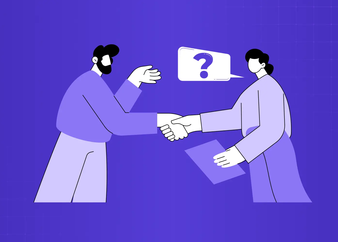 Illustration of two people shaking hands while discussing a question, representing collaboration, partnership, and problem-solving.