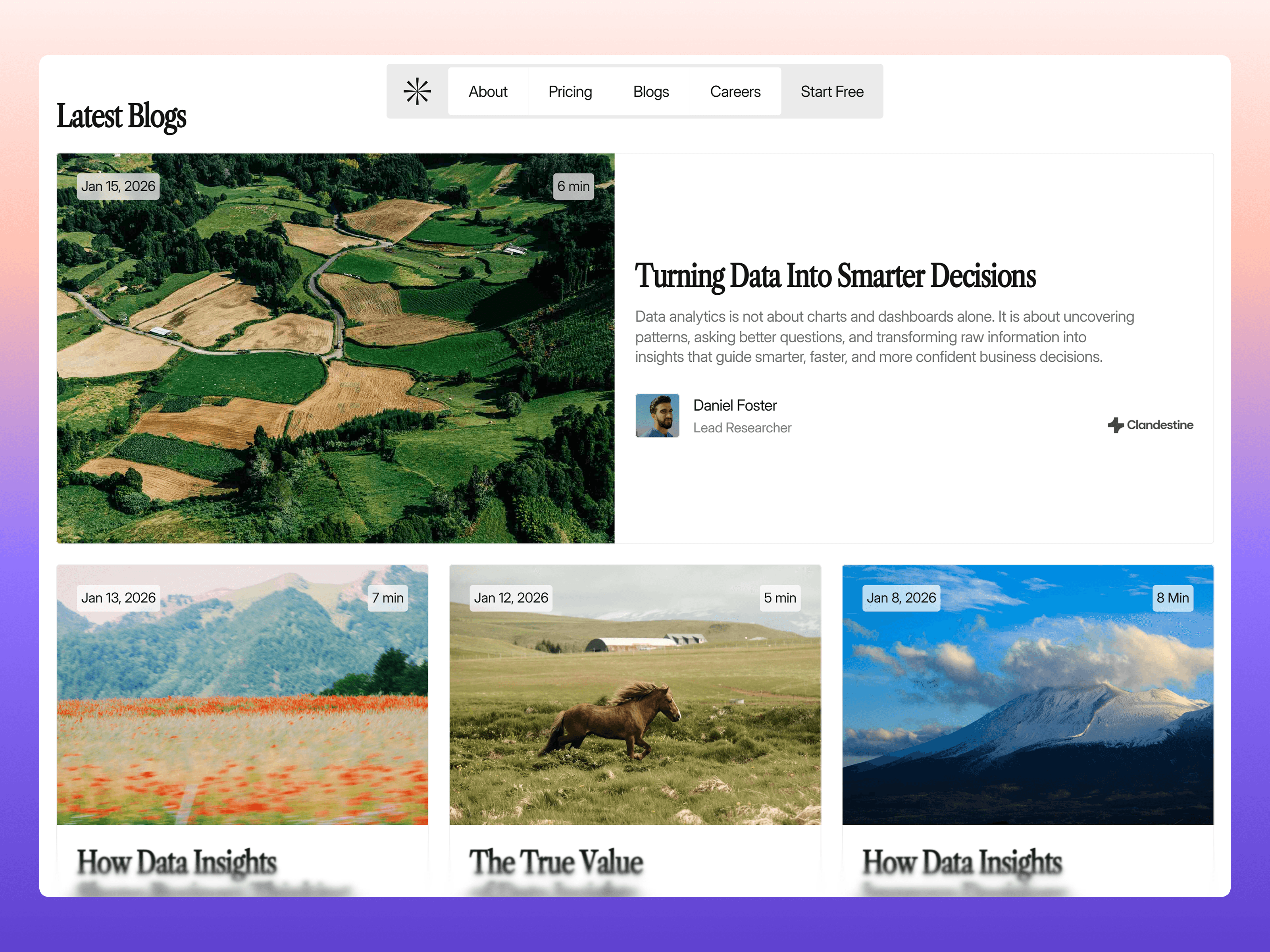 Blog section with featured analytics articles preview