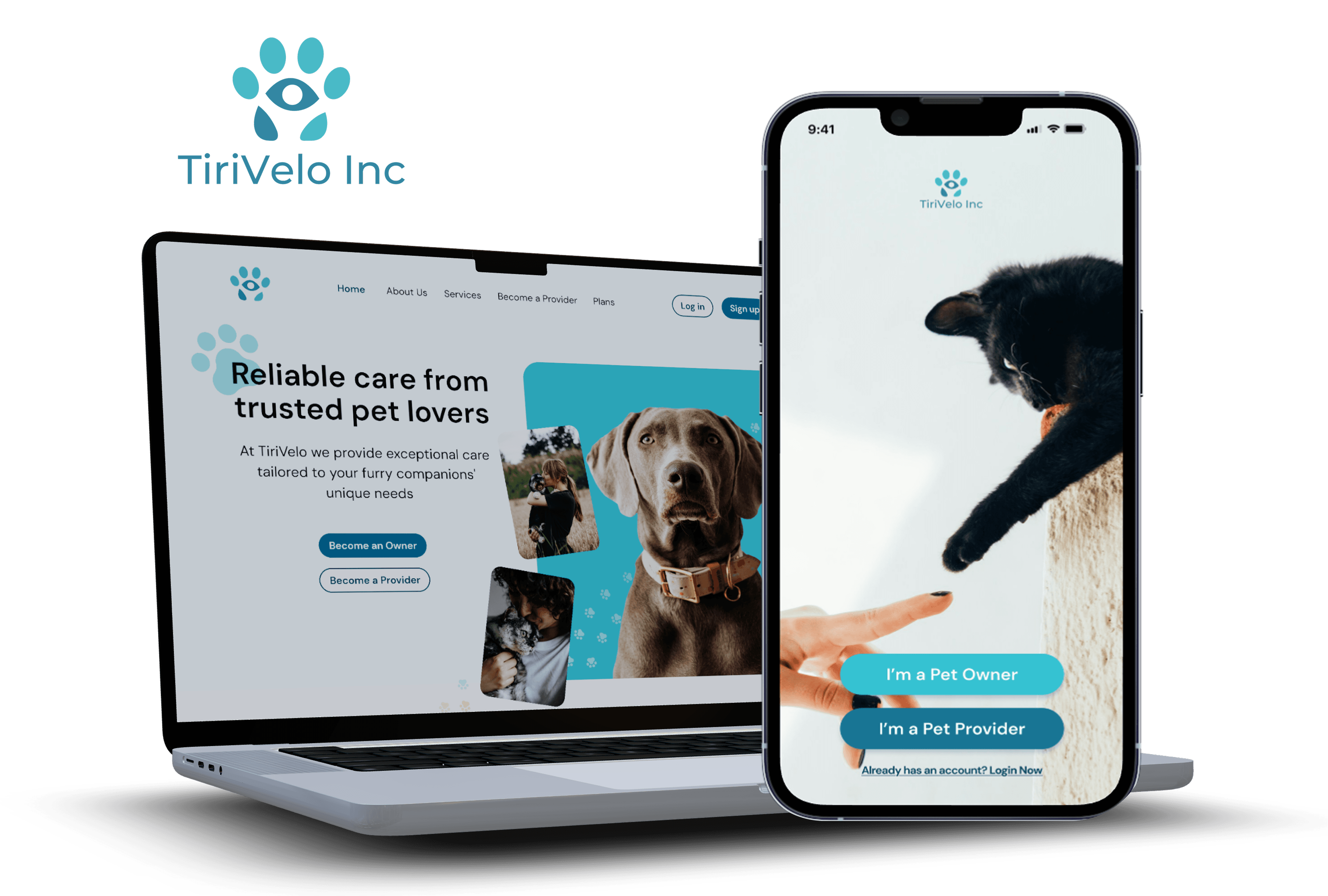 Tirivelo pet care platform showing the desktop management dashboard and the mobile booking interface.