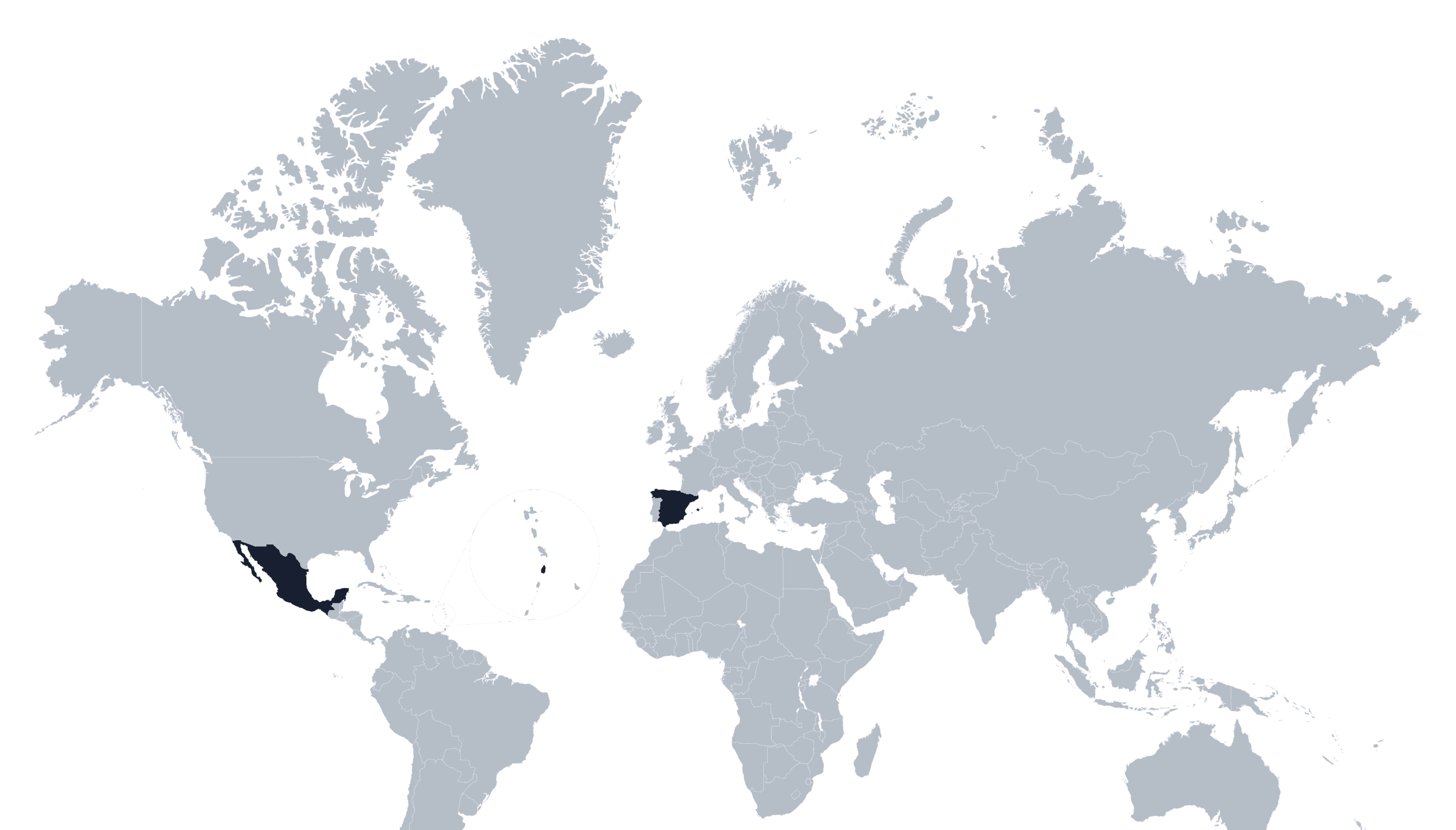 Mapa del mundo con México, Stana Lucía y España señalados.