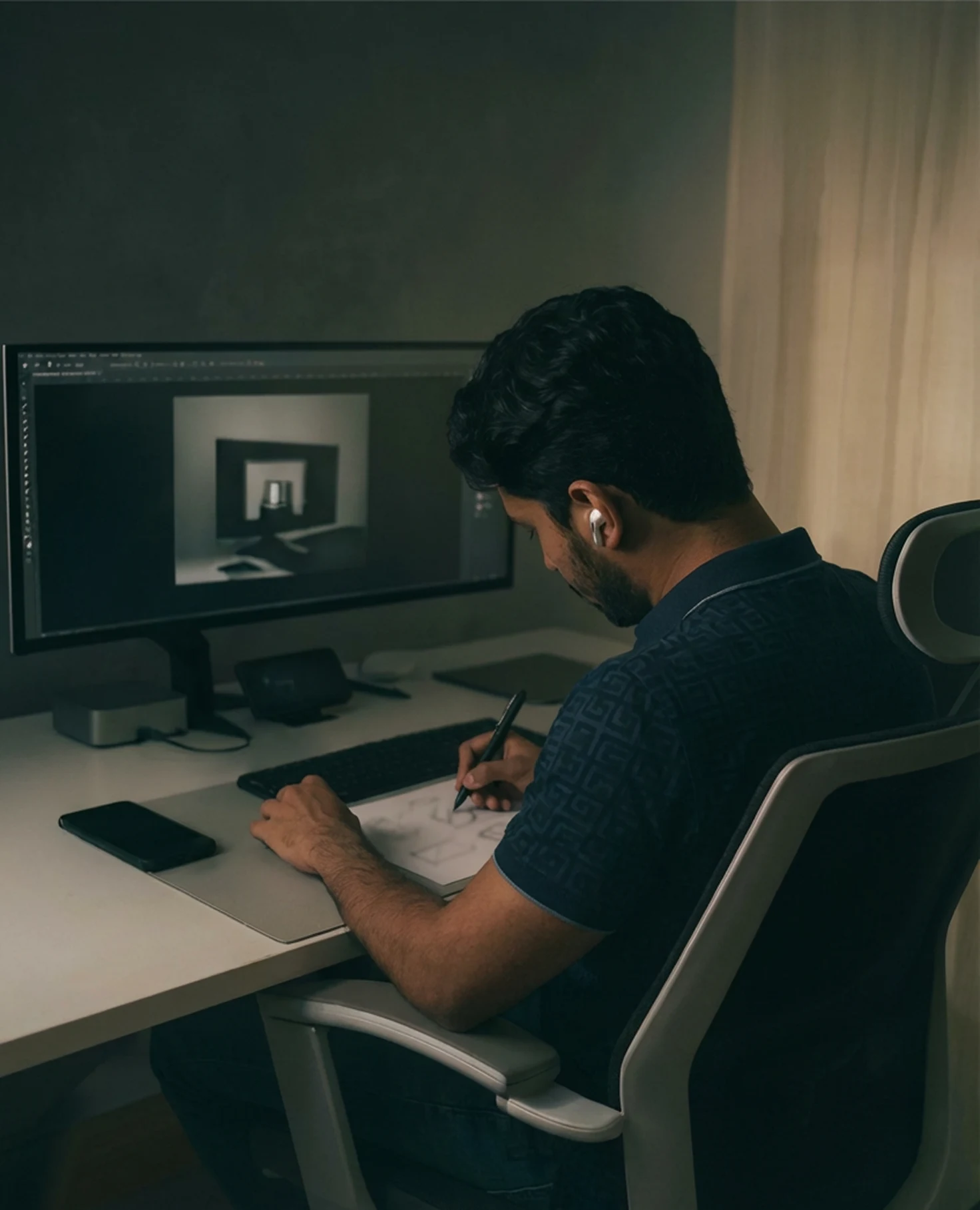 Man working on a computer at a desk.