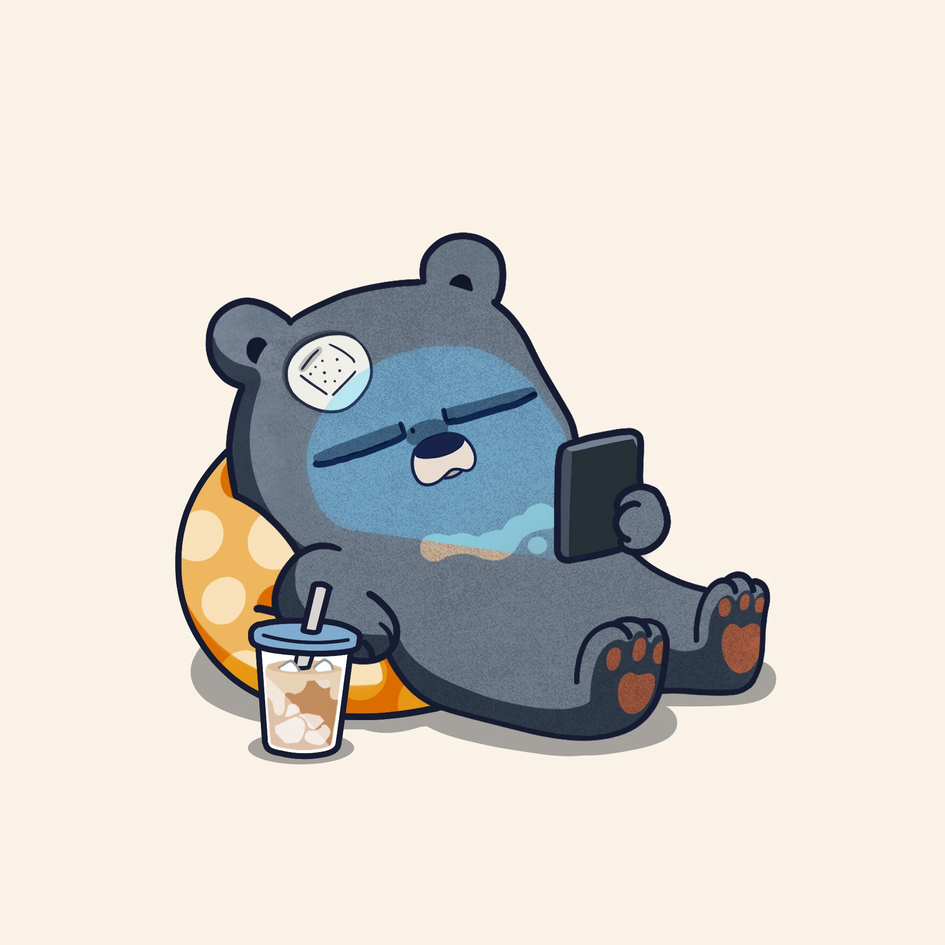 阿布熊坐躺著放鬆喝飲料插圖