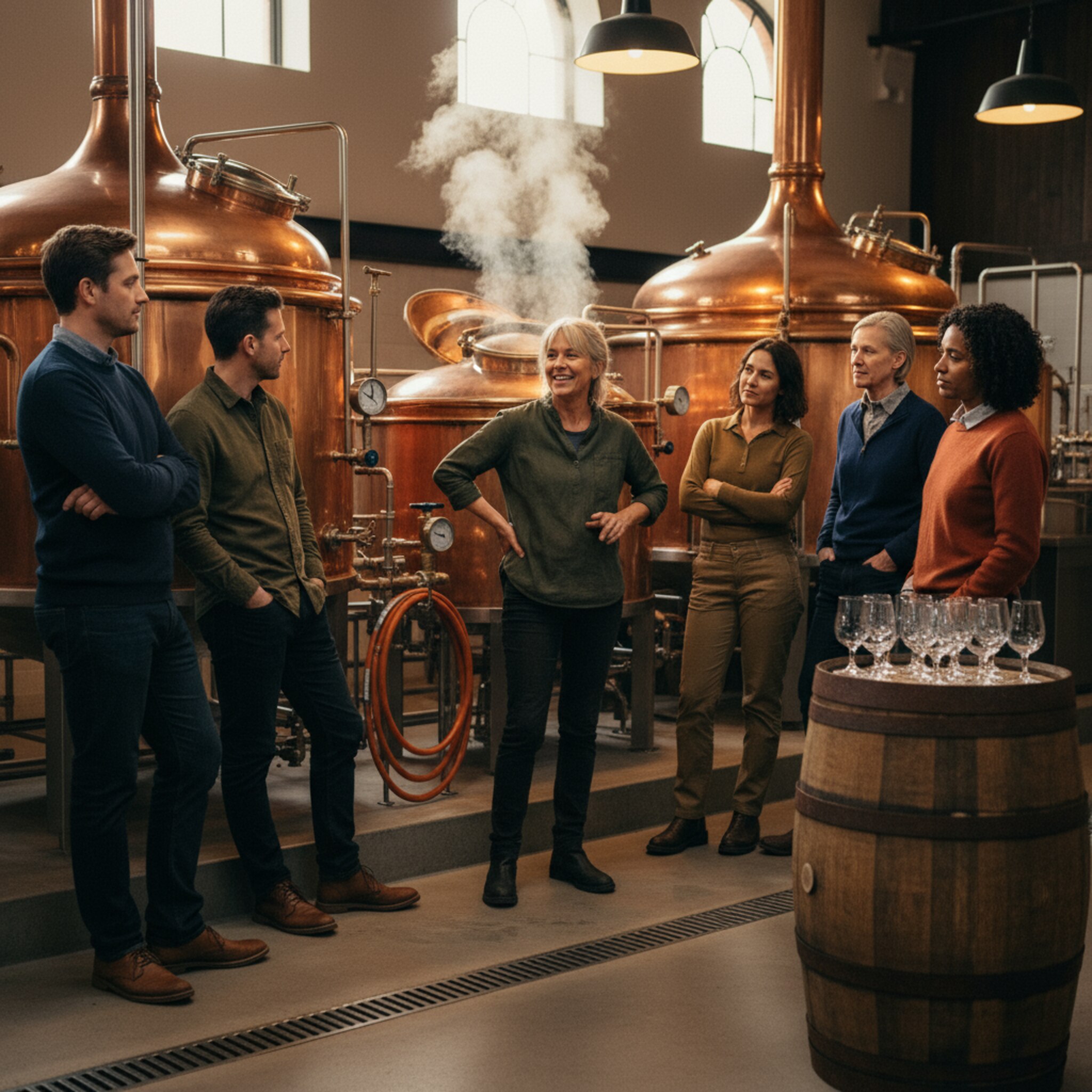 In der warmen Kupferglut des Sudhauses steht ein Guide vor glänzenden Kesseln und erklärt die Maische. Feiner Dampf steigt auf, der Duft von Malz liegt in der Luft. Eine kleine Gruppe lauscht aufmerksam, reflektiertes Licht tanzt auf den Rohren. Auf einem Holzfass warten polierte Verkostungsgläser.