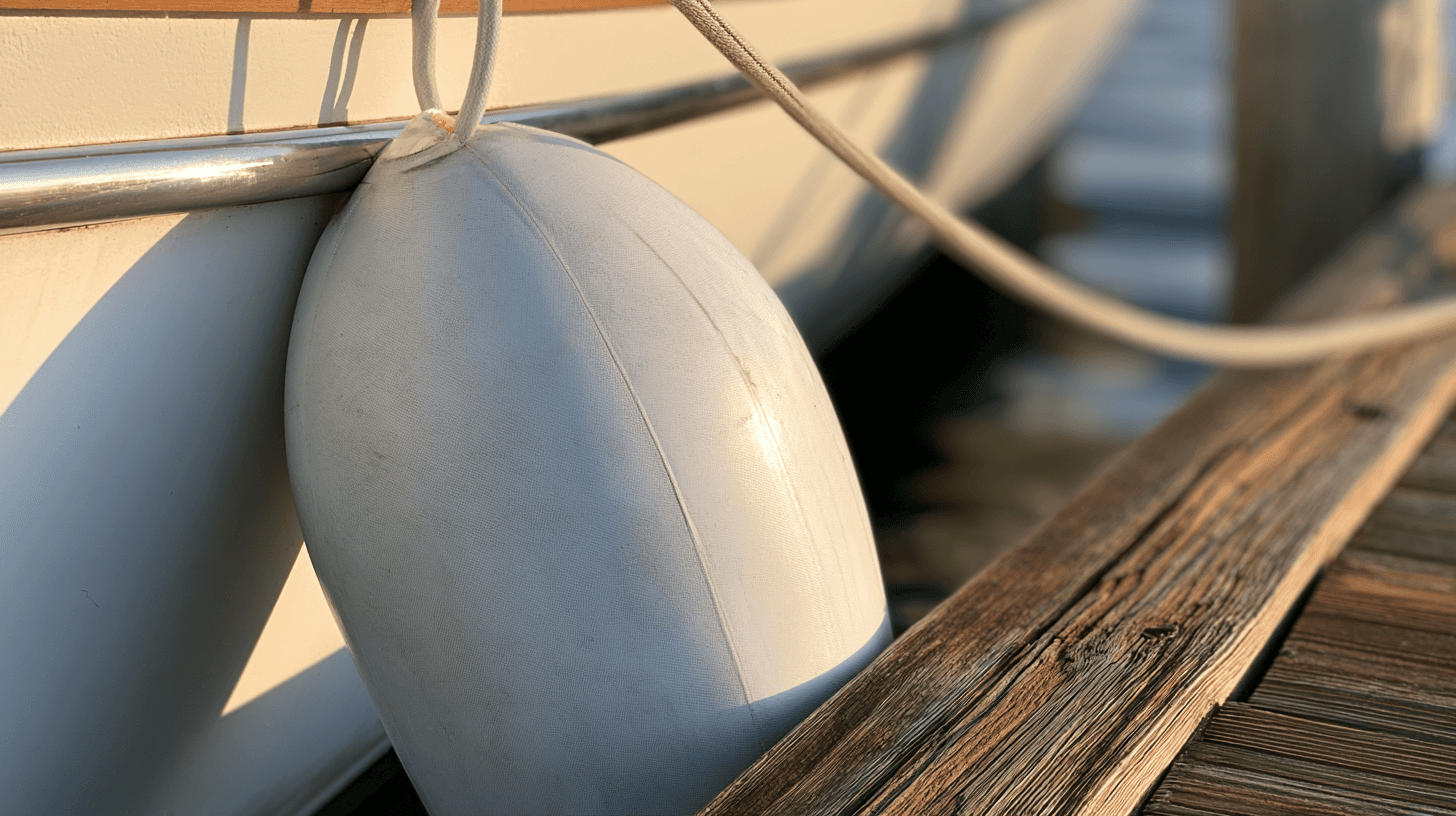 White boat fender set between a hull and a wooden dock, with a dock line running across it, positioned where the boat will bear during a spring line departure