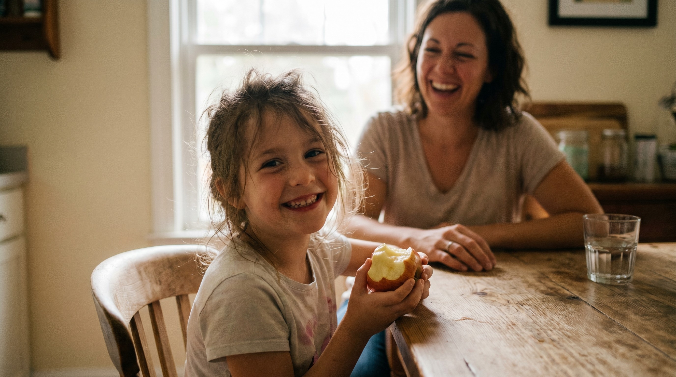 Young girl at kitchen table eating fruit while her mother sits nearby in morning light