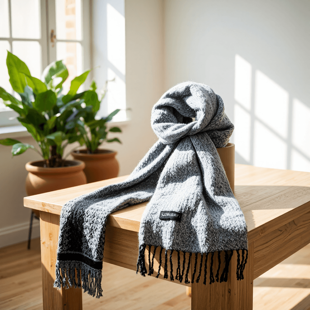 product photography of a knitted scarf with a patterned design