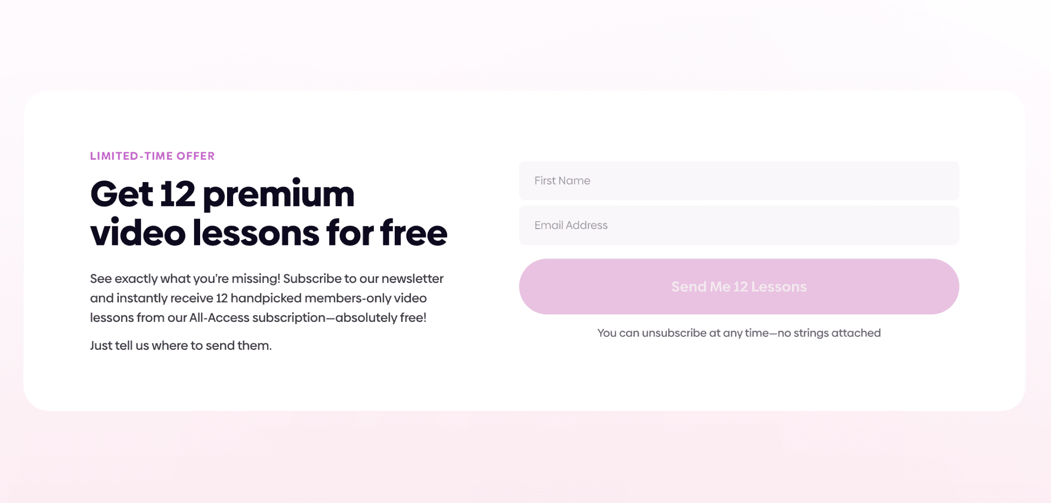 Promotional signup banner offering “12 premium video lessons for free,” with a short description, fields for first name and email, and a call-to-action button labeled “Send Me 12 Lessons.”