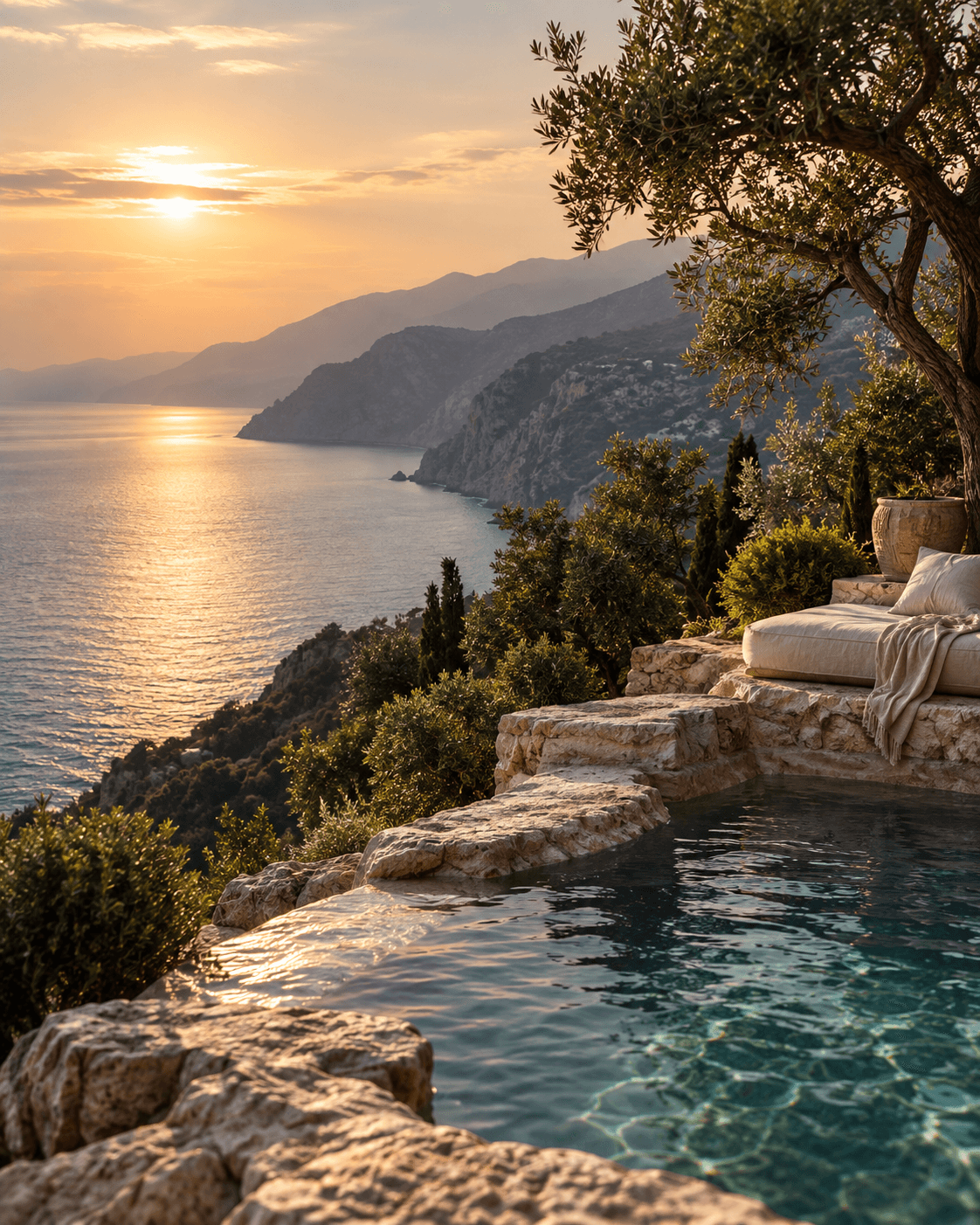 Private stone terrace and pool overlooking a dramatic coastline.
