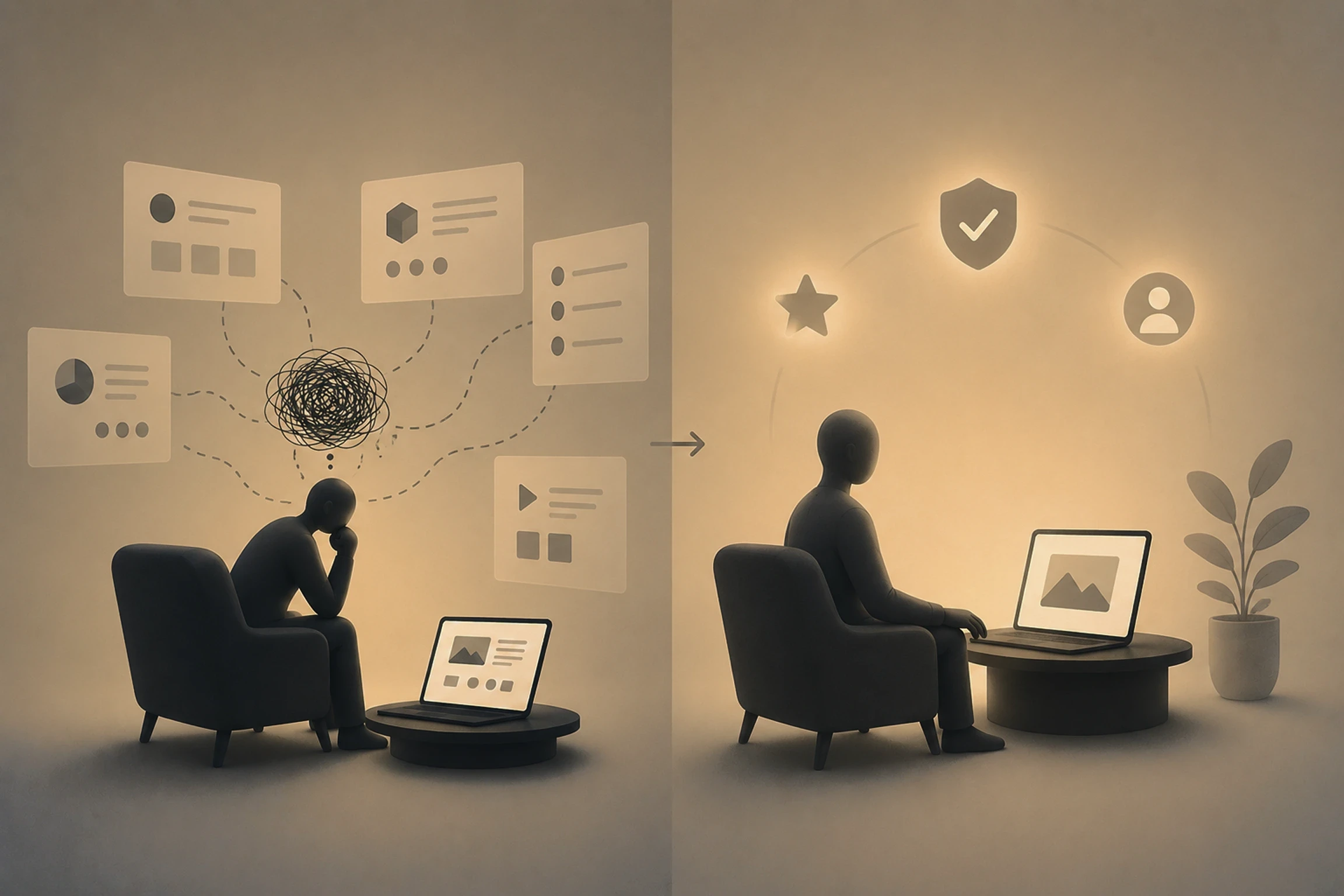 Split-scene illustration showing the transition from buyer hesitation and uncertainty to clarity, confidence, and trust.