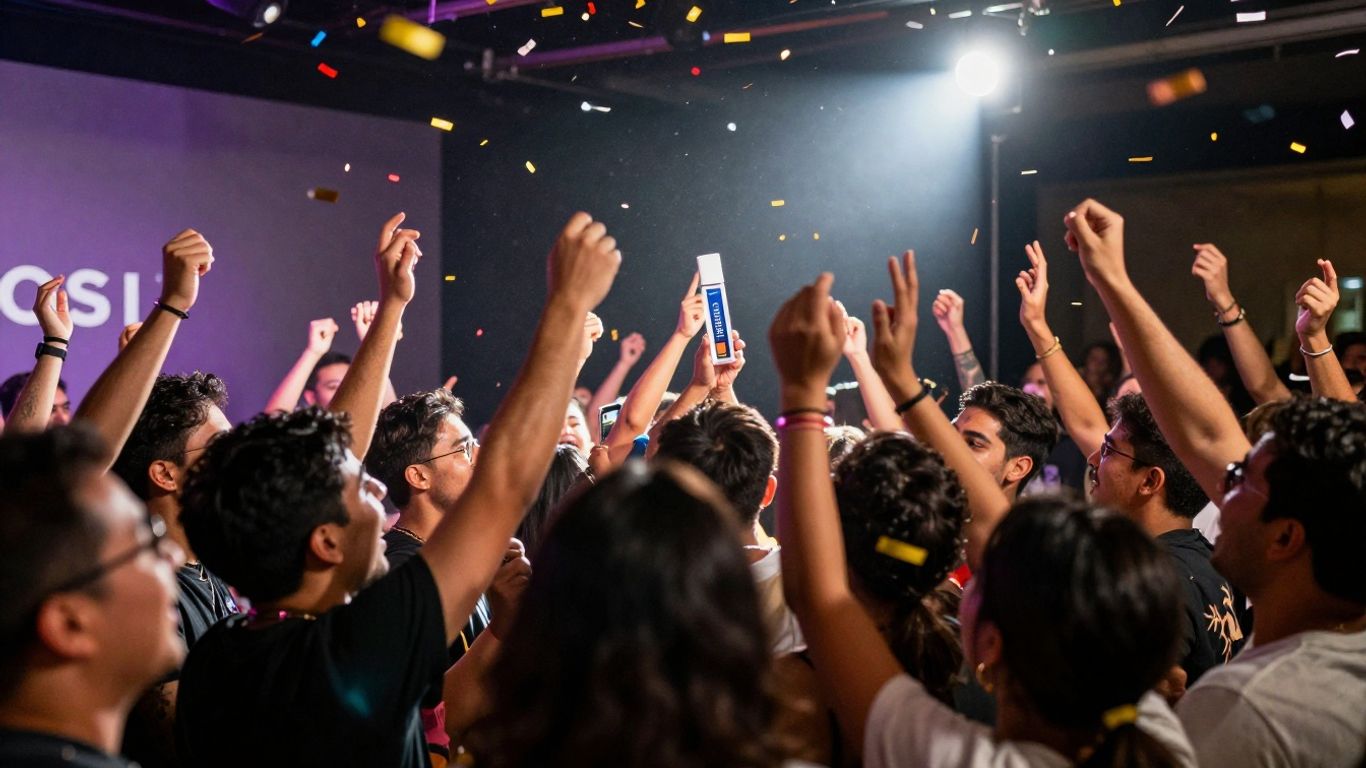 Successful product launch with confetti and celebration.