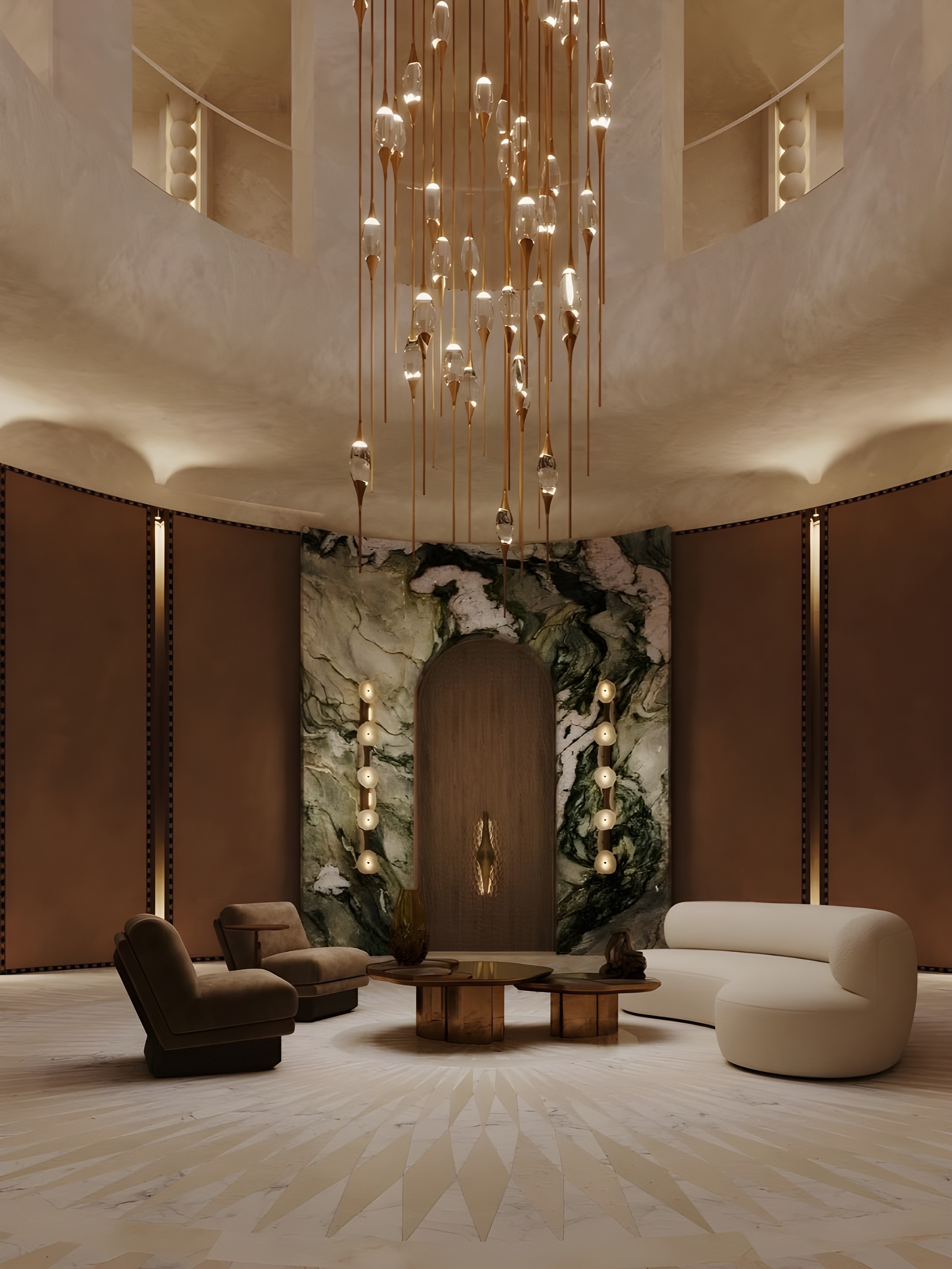 Circular skylight casting a soft glow in a restrained, contemplative interior