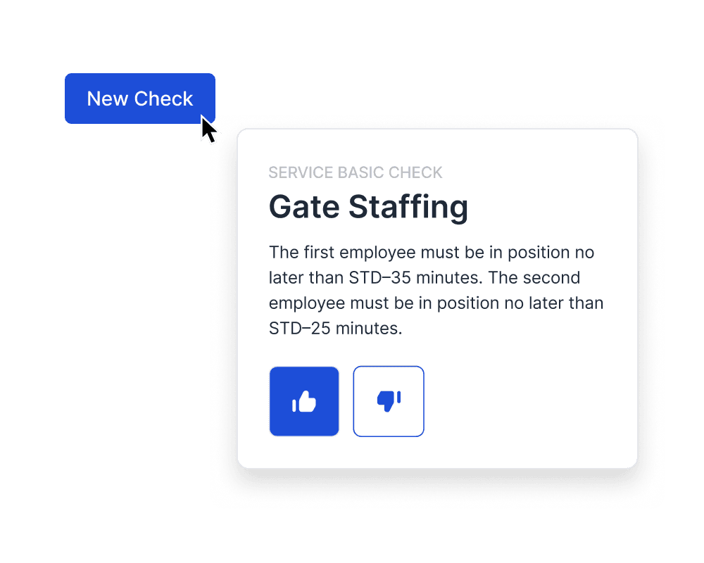 A web app interface on Cosmos displaying a "Gate Staffing" service check, highlighting employee position timing requirements, with like and dislike buttons, exemplifying innovative solutions in air service analytics and performance insights.