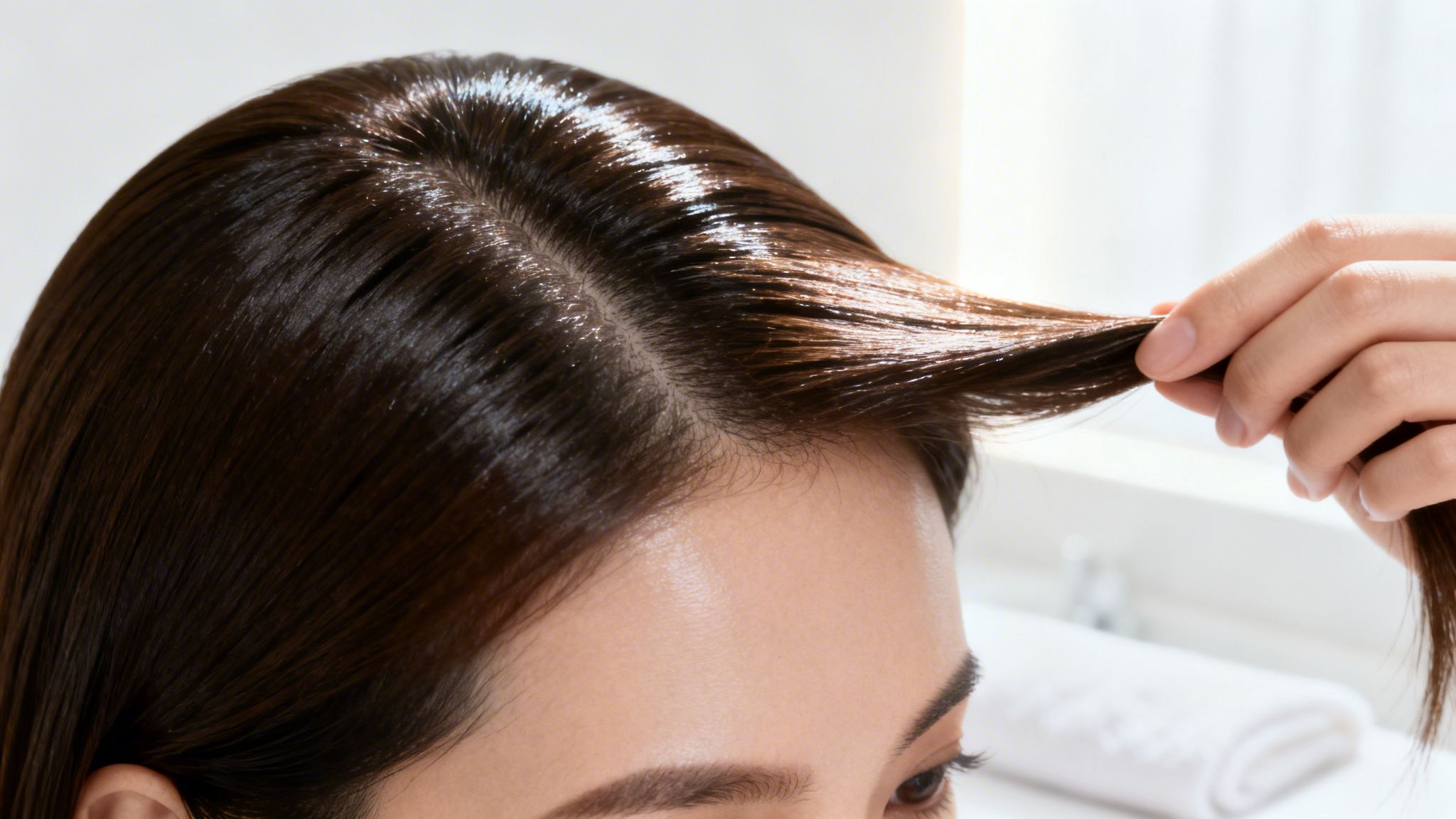 Close-up of a person checking their healthy, shiny dark hair and visible scalp.