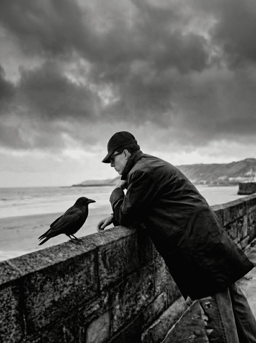 Black and white conceptual photography of a man facing a raven by the sea, exploring identity and solitude.
