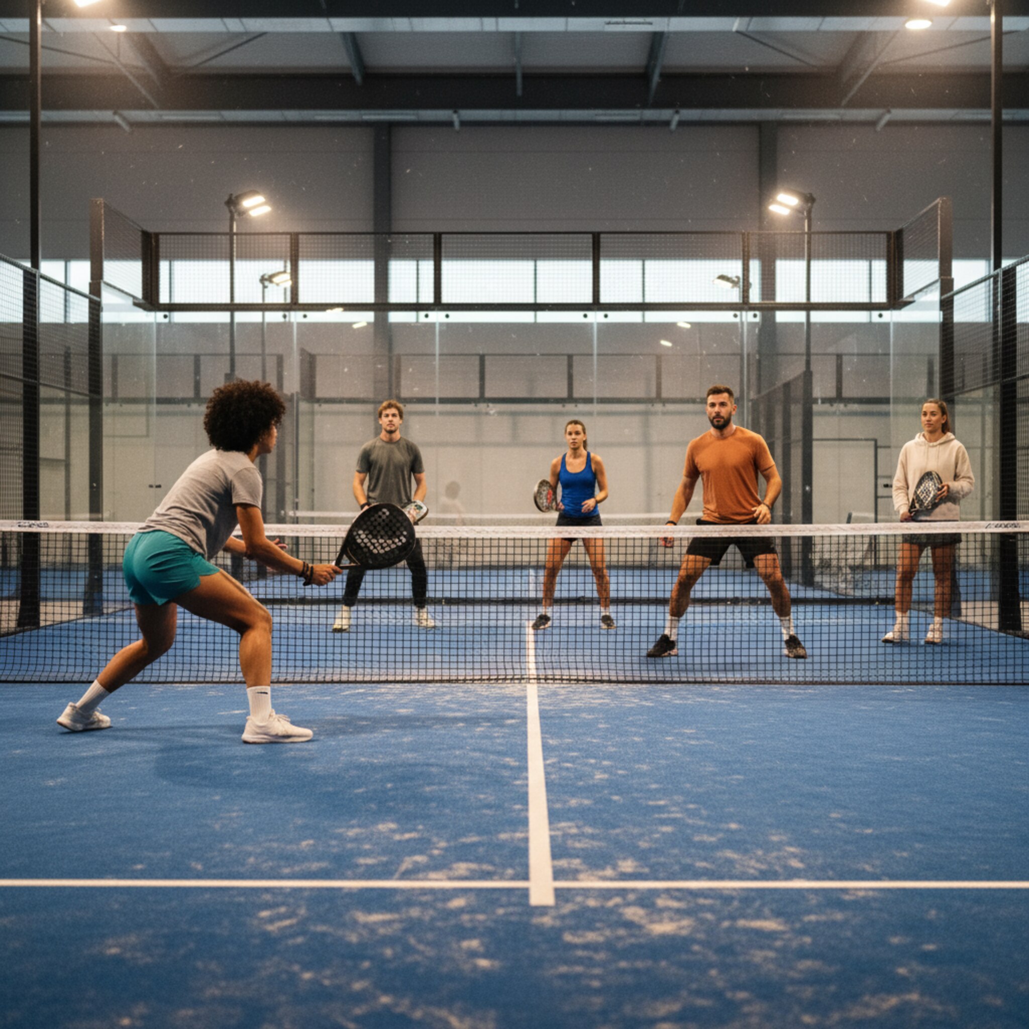 Ein Padel-Doppel liefert sich einen schnellen Ballwechsel auf einem sattblauen Court. Staubpartikel tanzen im Licht der Flutstrahler, während die Linien messerscharf wirken. Am Zaun warten zwei Spieler ruhig auf ihren Einsatz. Die Körperhaltung ist fokussiert, die Atmosphäre knistert vor Energie.