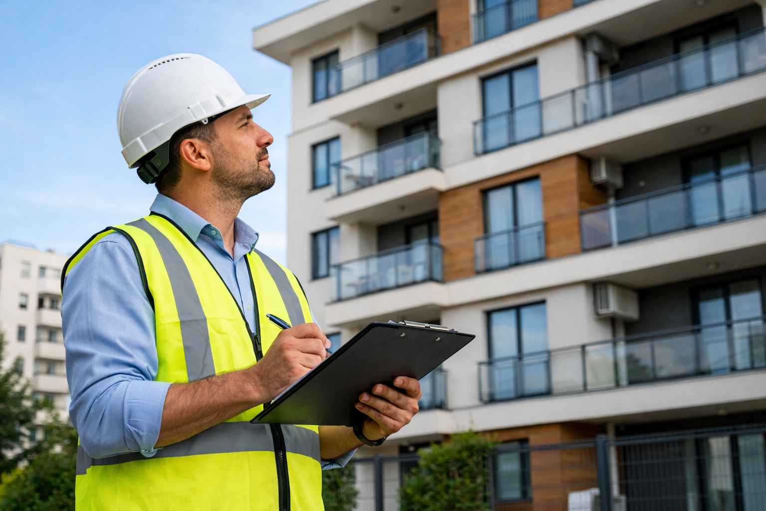 engineer checking structural condition of residential building in Turkey before property purchase