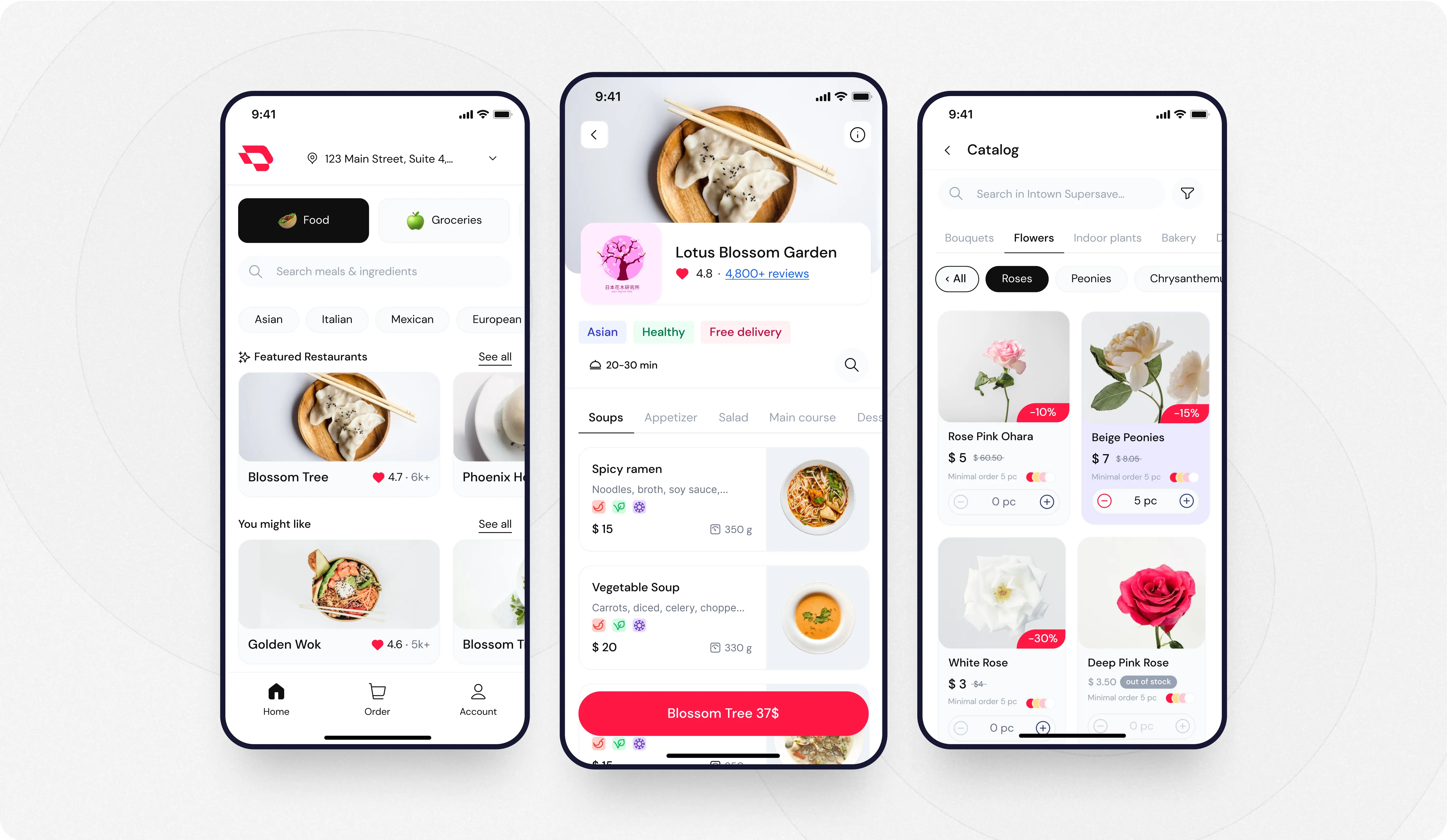 Three smartphones displaying different screens of a food and grocery delivery app. The first screen shows the home page with options for food and groceries, a search bar, and featured restaurants such as "Blossom Tree" and "Phoenix House." The second screen displays the details of a selected restaurant, "Lotus Blossom Garden," offering various food categories like soups, appetizers, salads, and main courses with images and prices. The third screen shows a catalog of flowers for delivery, including options like "Rose Pink Ohara," "Snow World standard," "Pomegranate," and "Deep Purple," with prices, discounts, and stock availability.