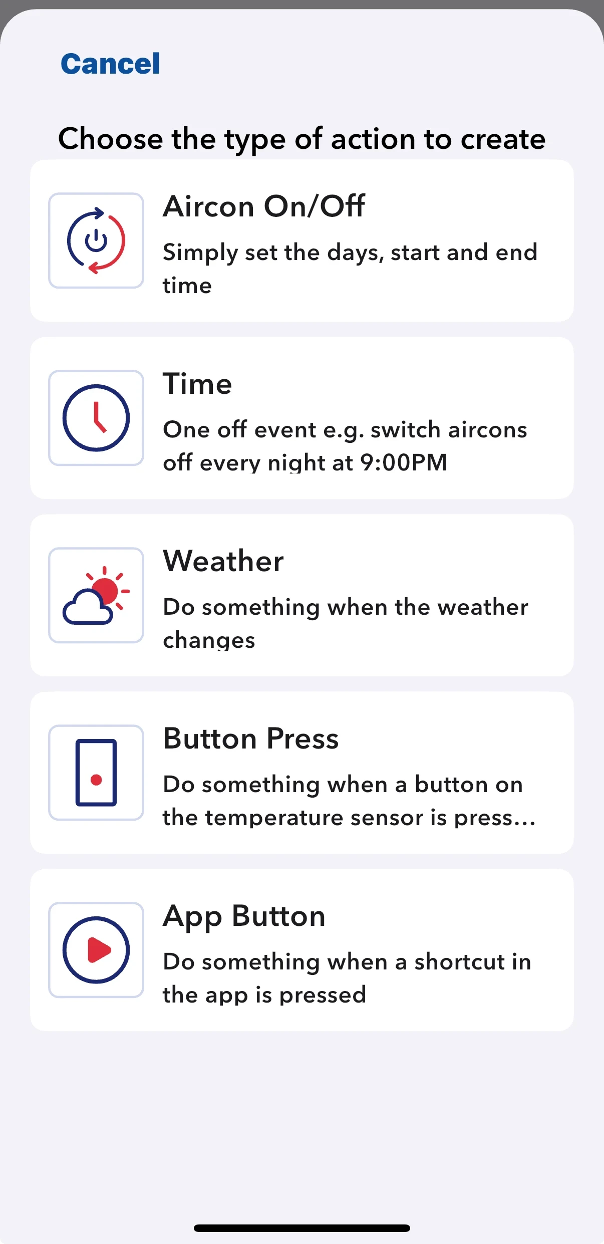 MyPlaceIQ app screen showing smart air conditioning actions, including time-based schedules, weather-responsive control and one-touch buttons for automated comfort.