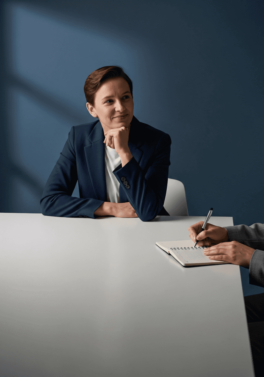 A professional setting with a person in a navy blazer and another writing in a notebook, set against a blue background.