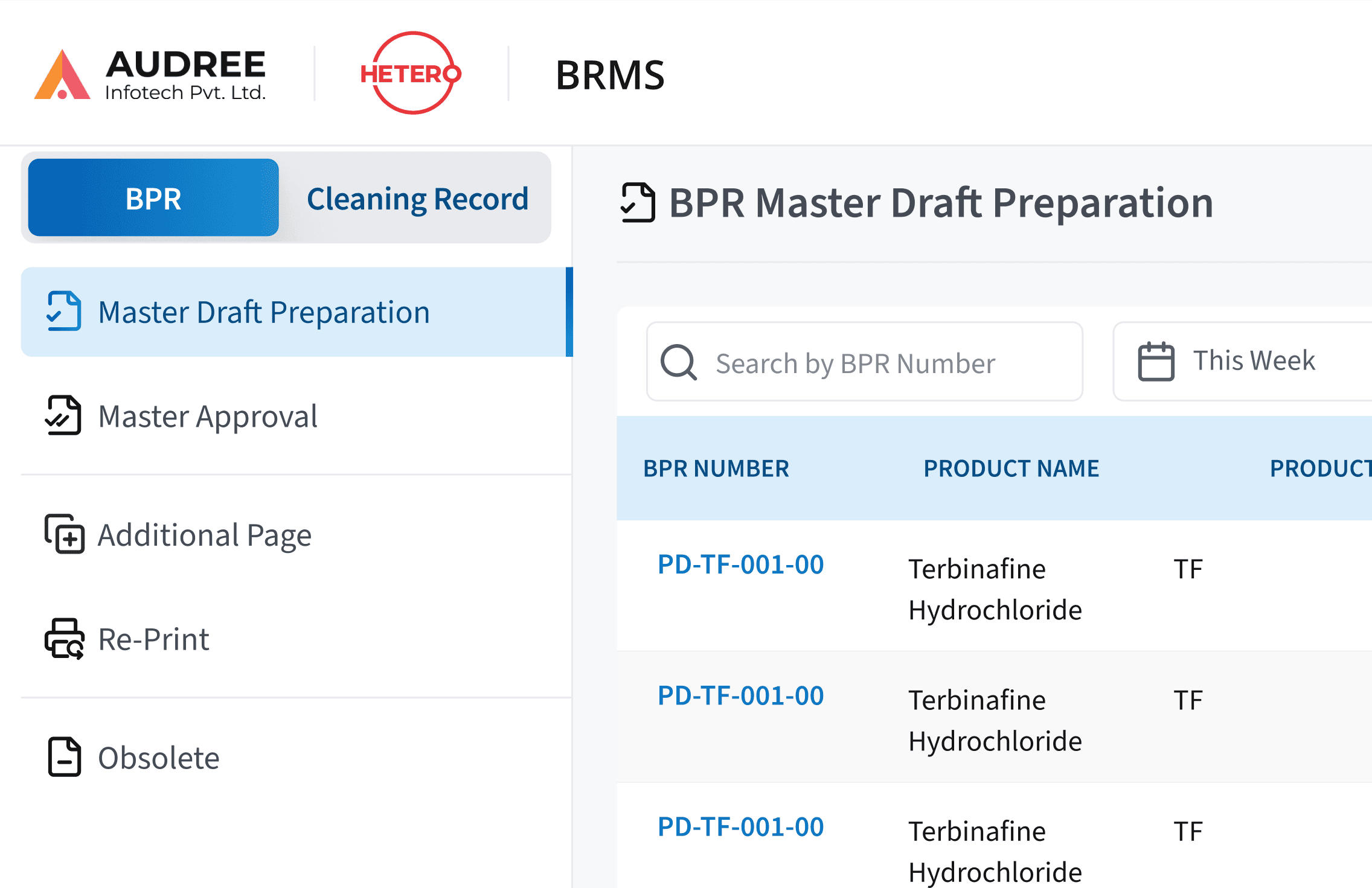 BRMS BPR master draft preparation dashboard