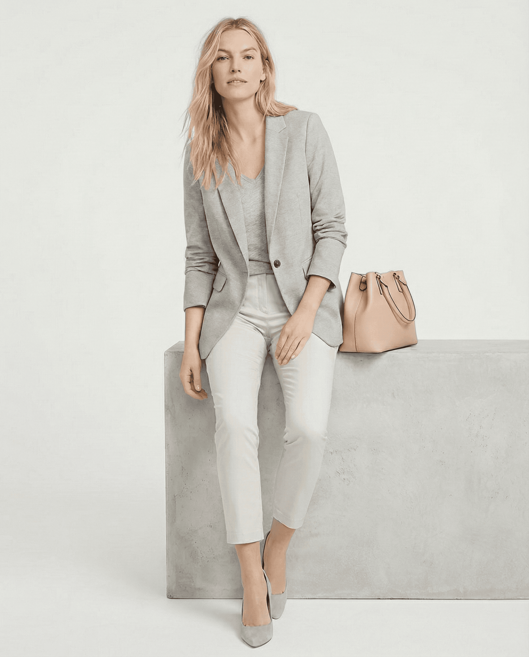 都會職場風格 Lookbook，模特兒坐姿展示與水泥質感道具的商業攝影構圖