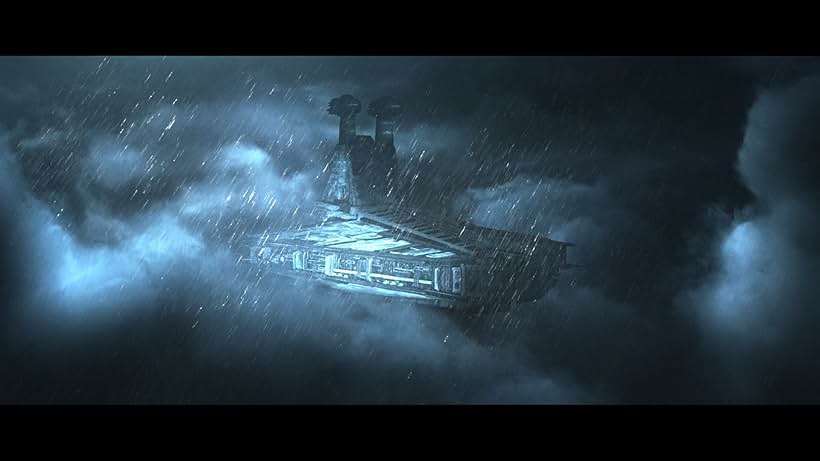 A Star Destroyer being pelted by rain inside the clouds