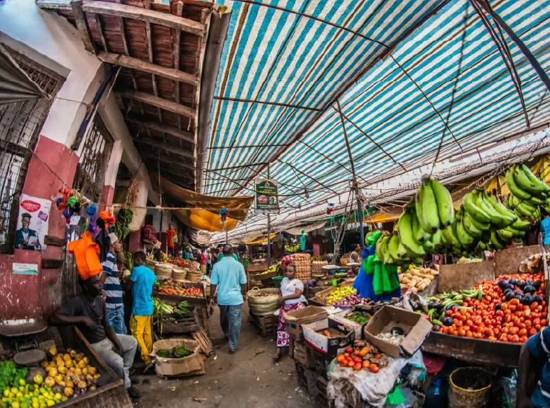 variety of fruits in market building