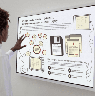 A person interacts with an illuminated wall-mounted display created by Krysten Loiselle. The infographic is titled “Electronic Waste (E-Waste): Overconsumption’s Toxic Legacy” and features system maps, warning symbols, vintage tech illustrations, and behavior-based insights aimed at addressing the growing environmental crisis.