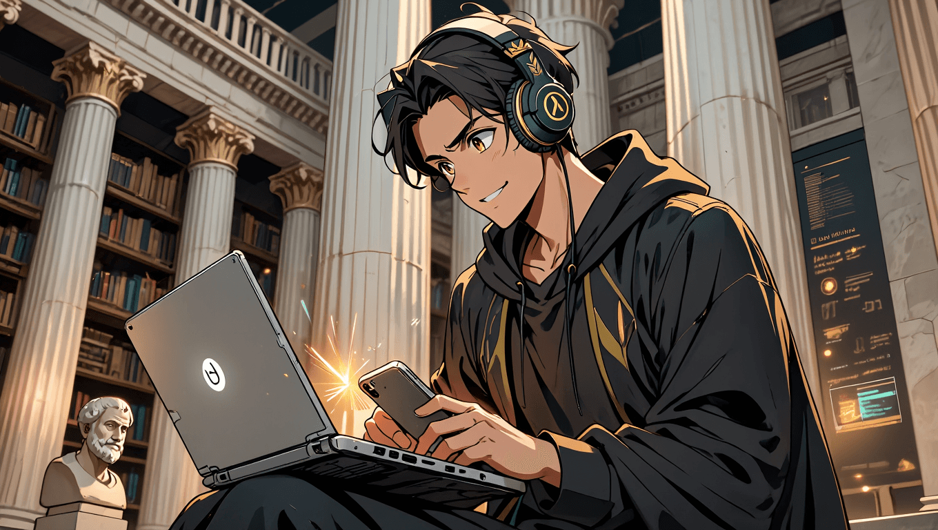 Happy student studying with laptop