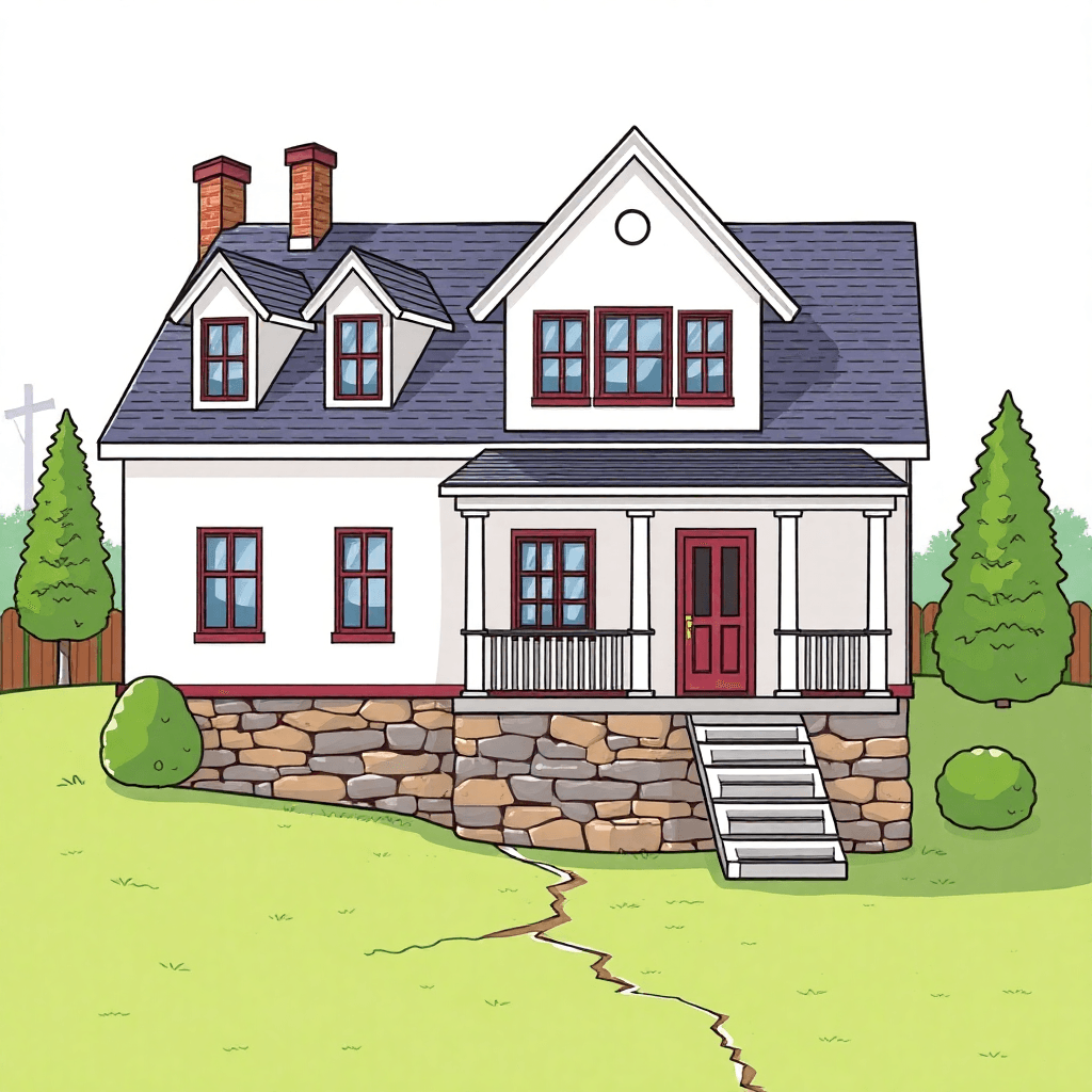 A charming two-story Victorian-style house with dormer windows and a stone foundation is surrounded by green trees and a lawn, with a visible crack running through the yard, suggesting potential foundation issues; "Victorian house," "foundation crack," "historic home."