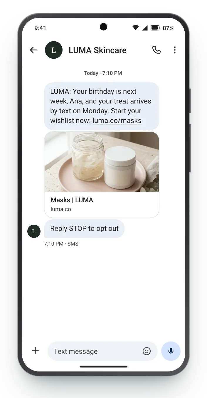 A heads-up the week before birthday text on an Android phone