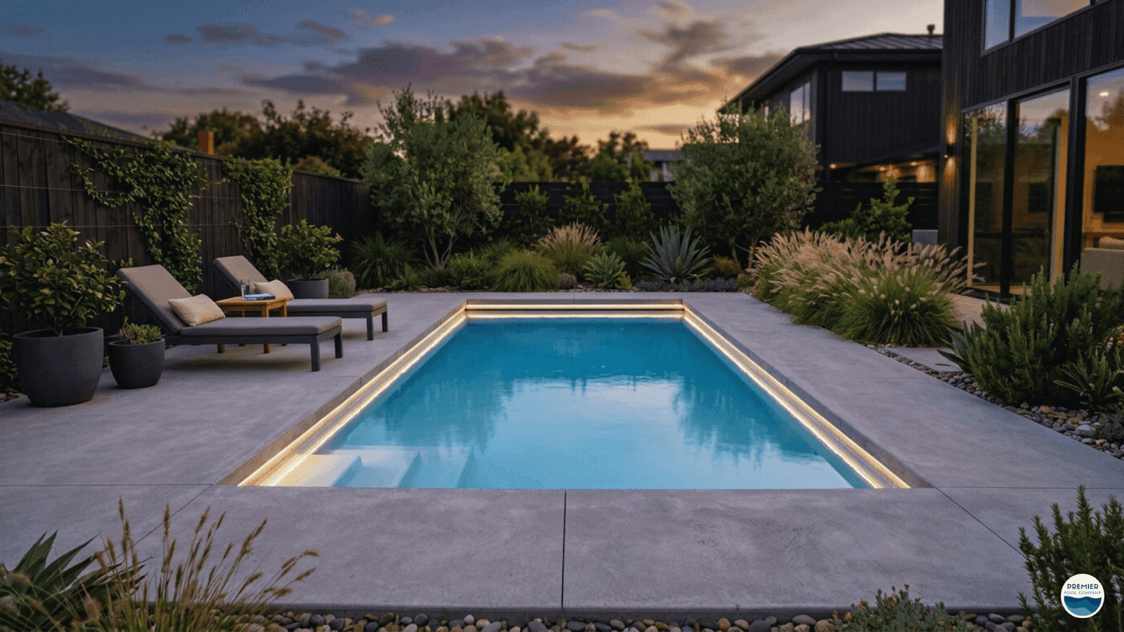 Budget friendly rectangular inground pool with stamped concrete deck