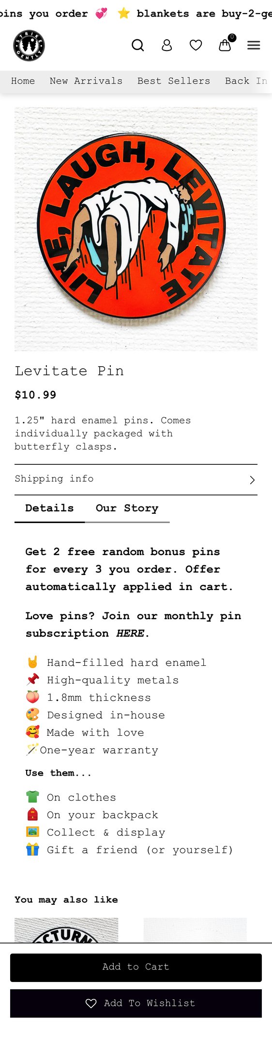 Jewelry product options include:  for Strike Gently Co - Levitate Pin from Strike Gently.