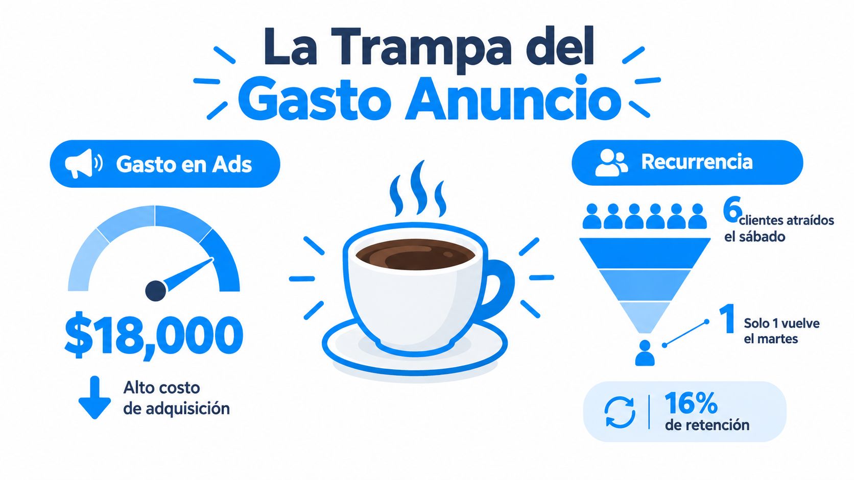 Infografía sobre la trampa del gasto en anuncios y la baja retención de clientes en marketing digital.