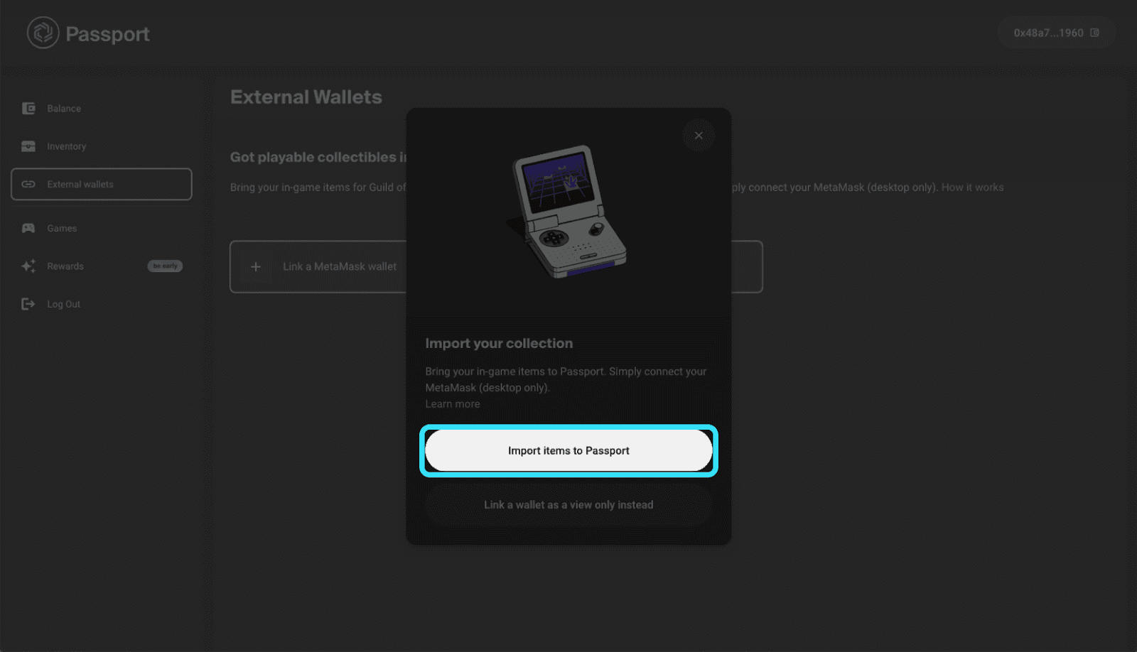 Modal showing "Import items to Passport"