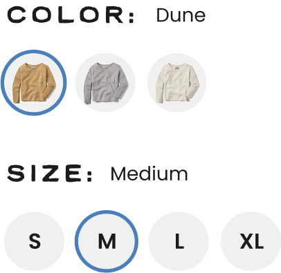 A small demonstration of the product page UI showing the color and size selection tools