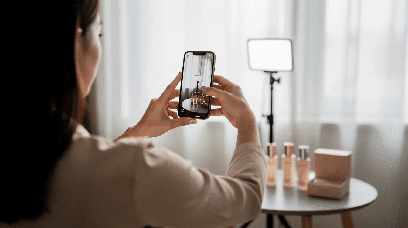 Una persona está grabando un video corto de un producto con su teléfono móvil, mostrando las ventajas del marketing digital para empresas. La escena resalta la importancia de crear contenido atractivo para captar la atención del público objetivo en redes sociales.