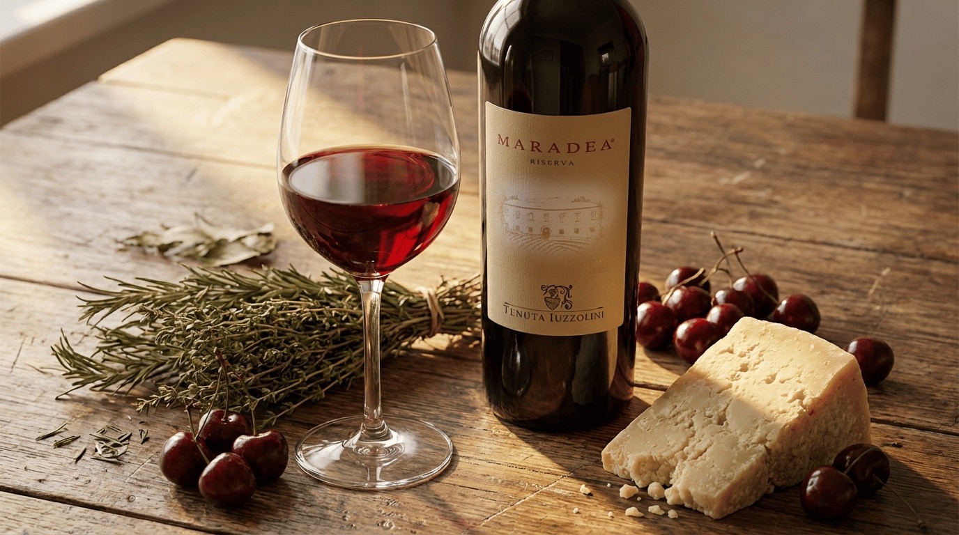 Rotwein-Produktfotografie mit Käse und Rosmarin auf rustikalem Holztisch — Food Pairing Inszenierung