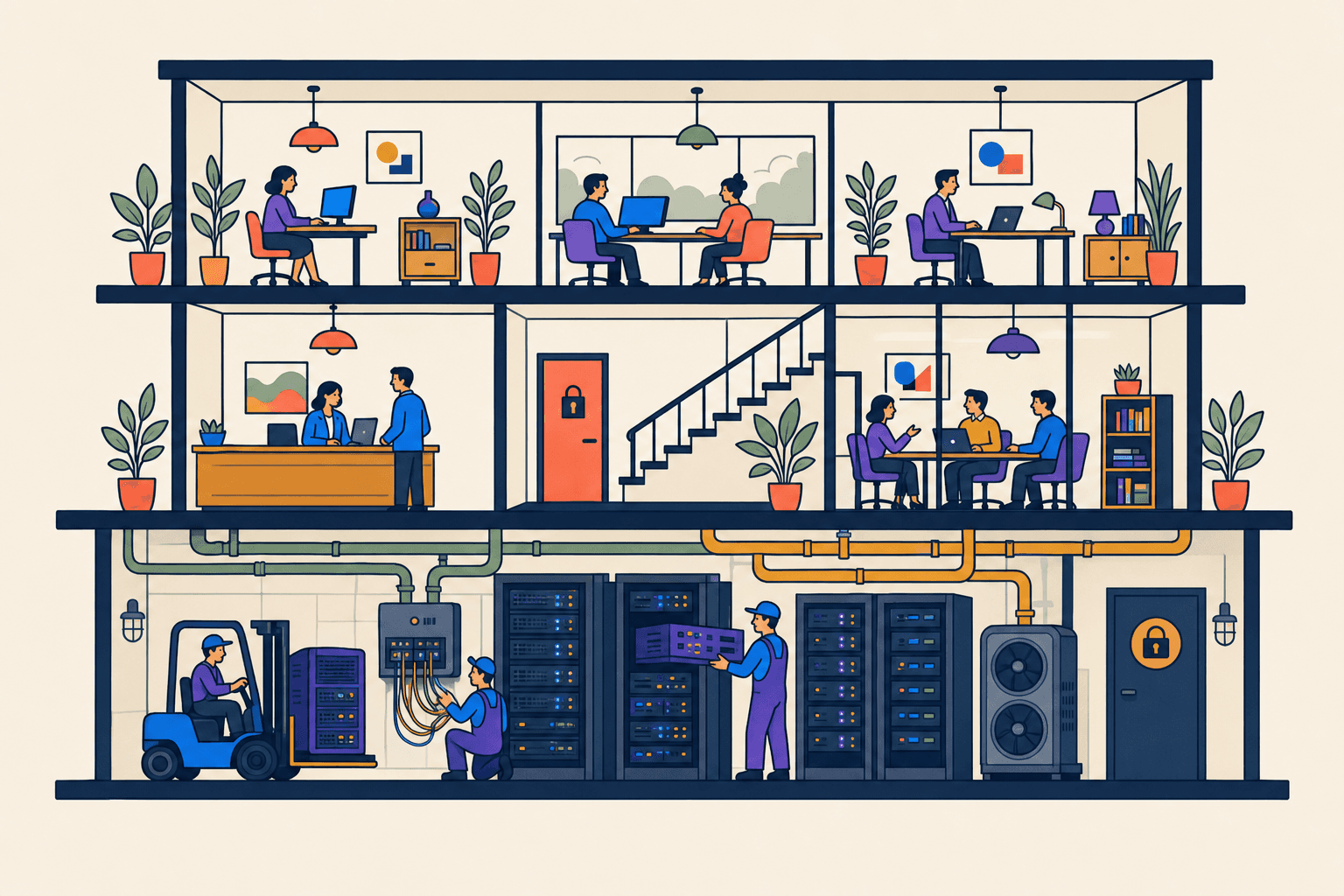 Illustration: Firmengebäude im Querschnitt mit eigenem Serverraum im Keller