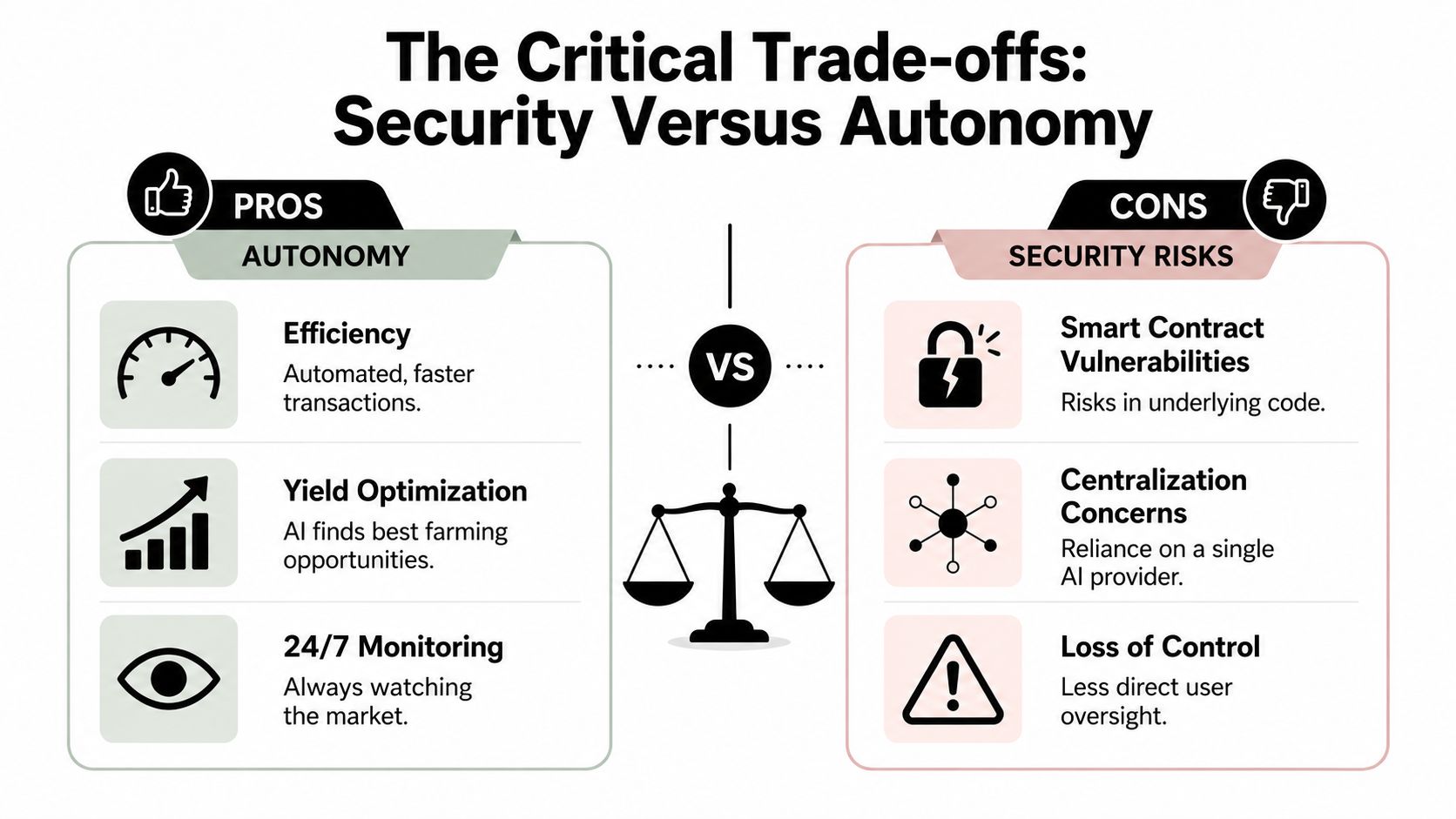 A diagram illustrating the critical trade-offs between autonomy and security risks in AI-driven crypto platforms.