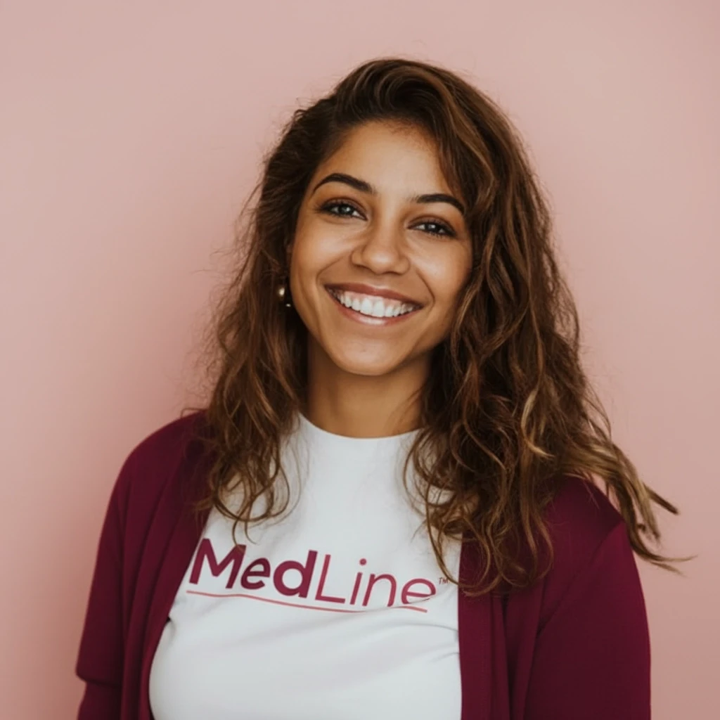 Mulher jovem e sorridente com cabelo castanho ondulado, vestindo camisa branca com o logotipo "MedLine" em vermelho e um cardigã vinho, em fundo rosa.