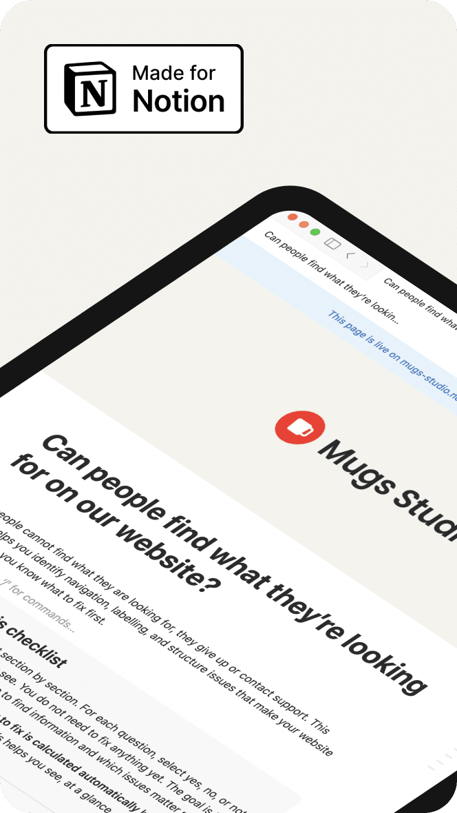 Notion checklist showing website usability checks for navigation, content clarity, accessibility and mobile.