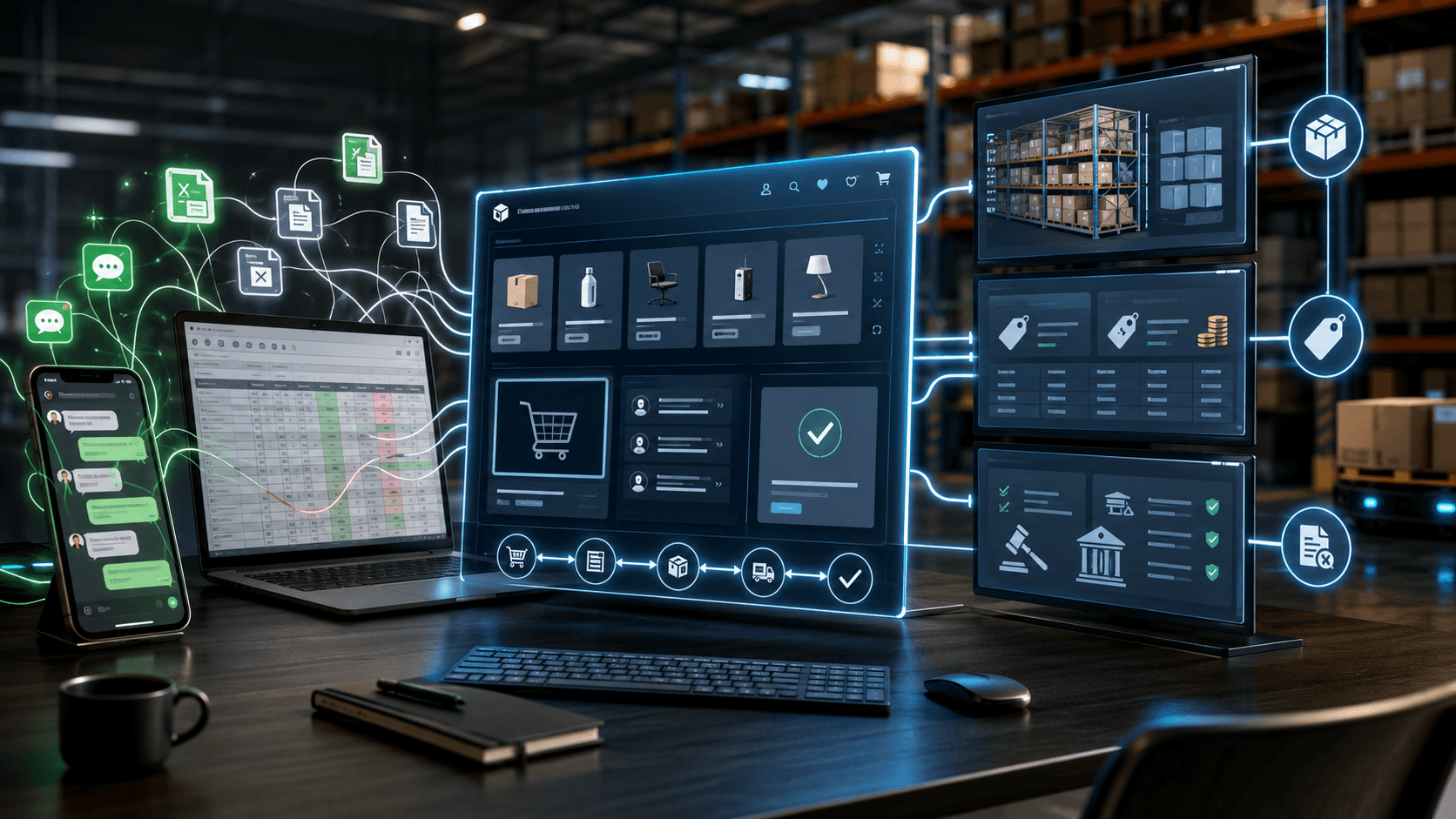 Ambiente logístico futurista em estilo 3D realista, com celular exibindo conversas de pedidos e notebook com planilha conectados a um portal B2B central, que integra estoque, preços, regras fiscais e expedição em um fluxo automatizado dentro de um armazém.