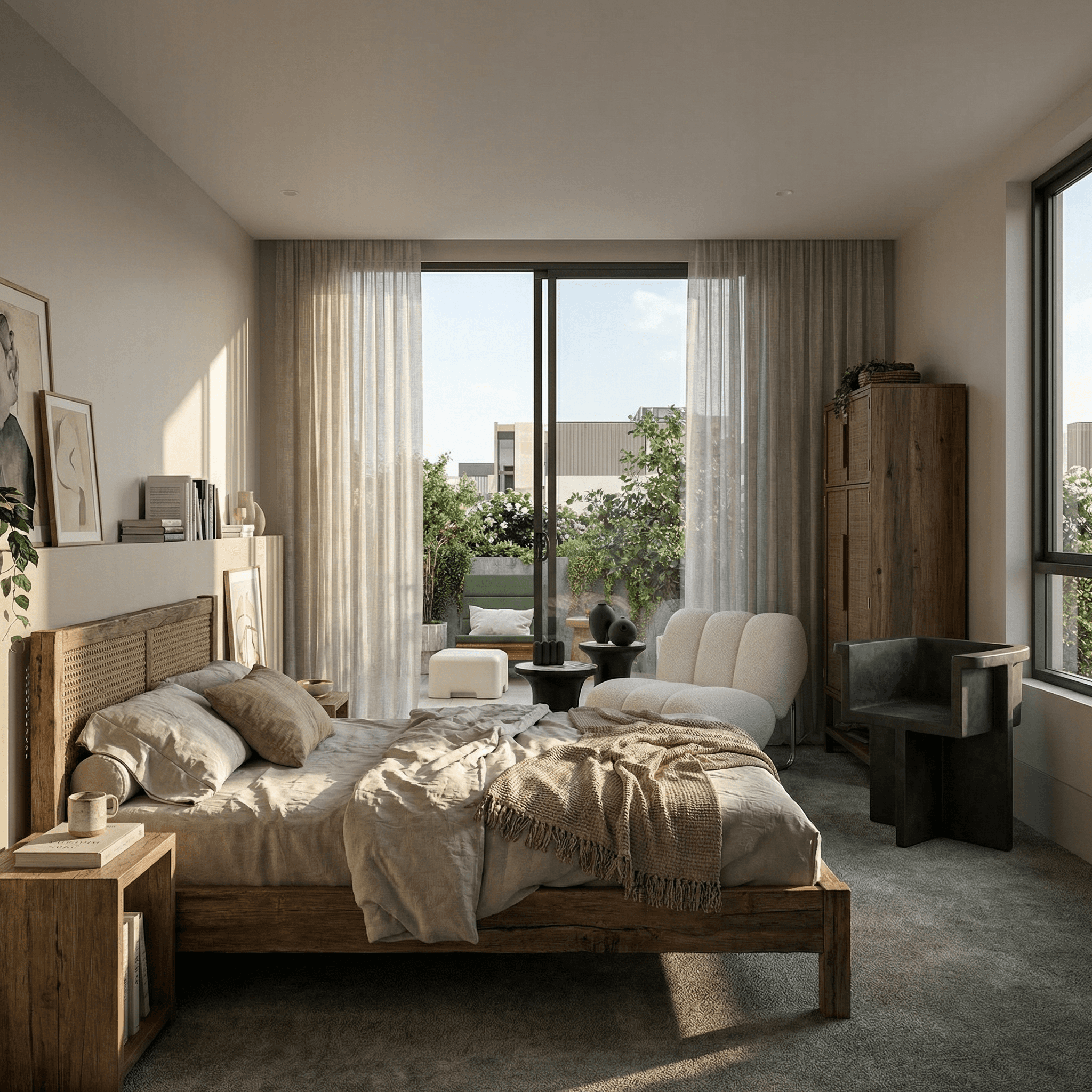 Dark brown corridor with curved walls, floor lighting, and elegant chandeliers.