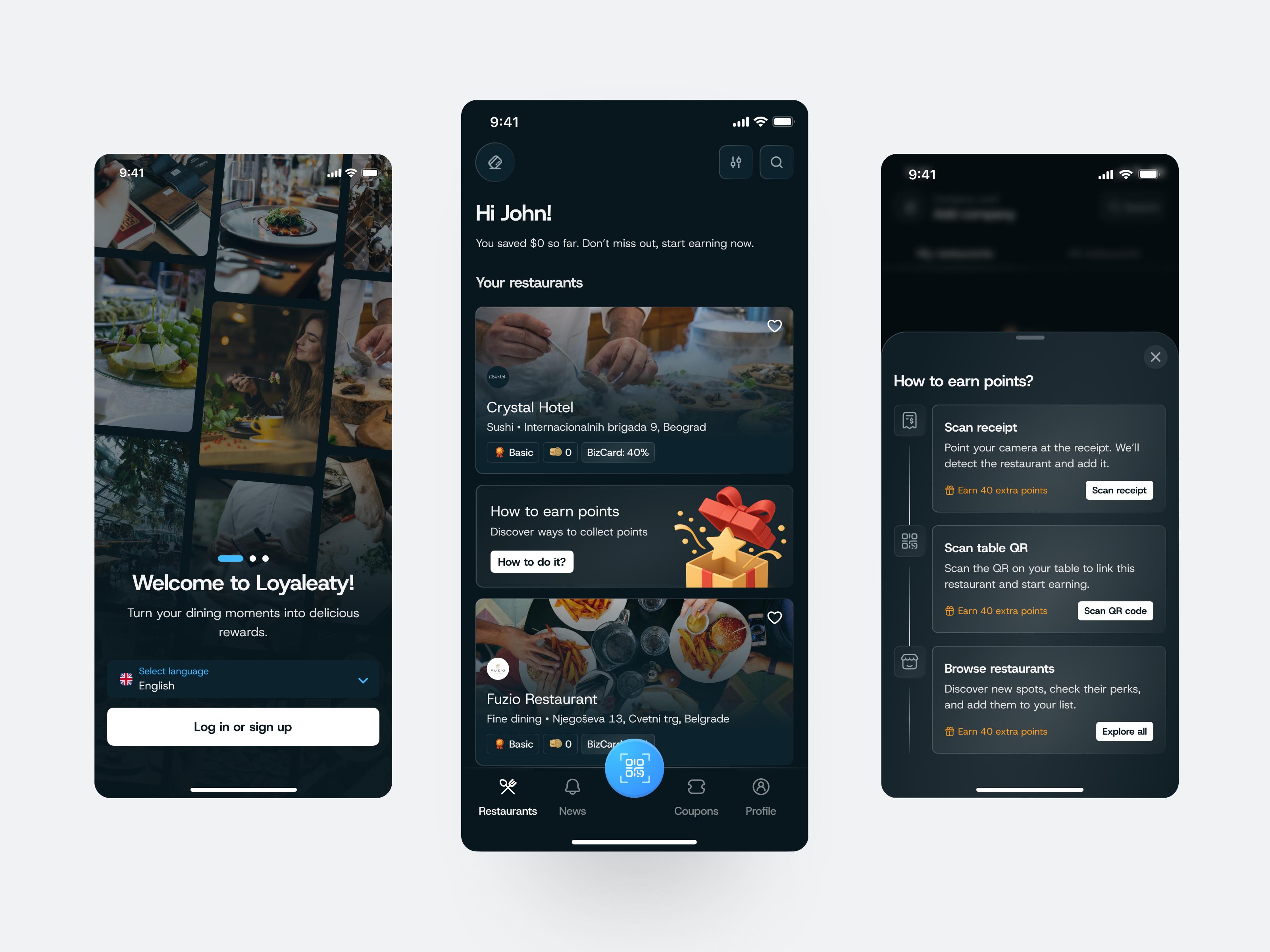 Sign-up flow of Loyaleaty loyalty app for restaurants – product design by Miodrag Vulićevic