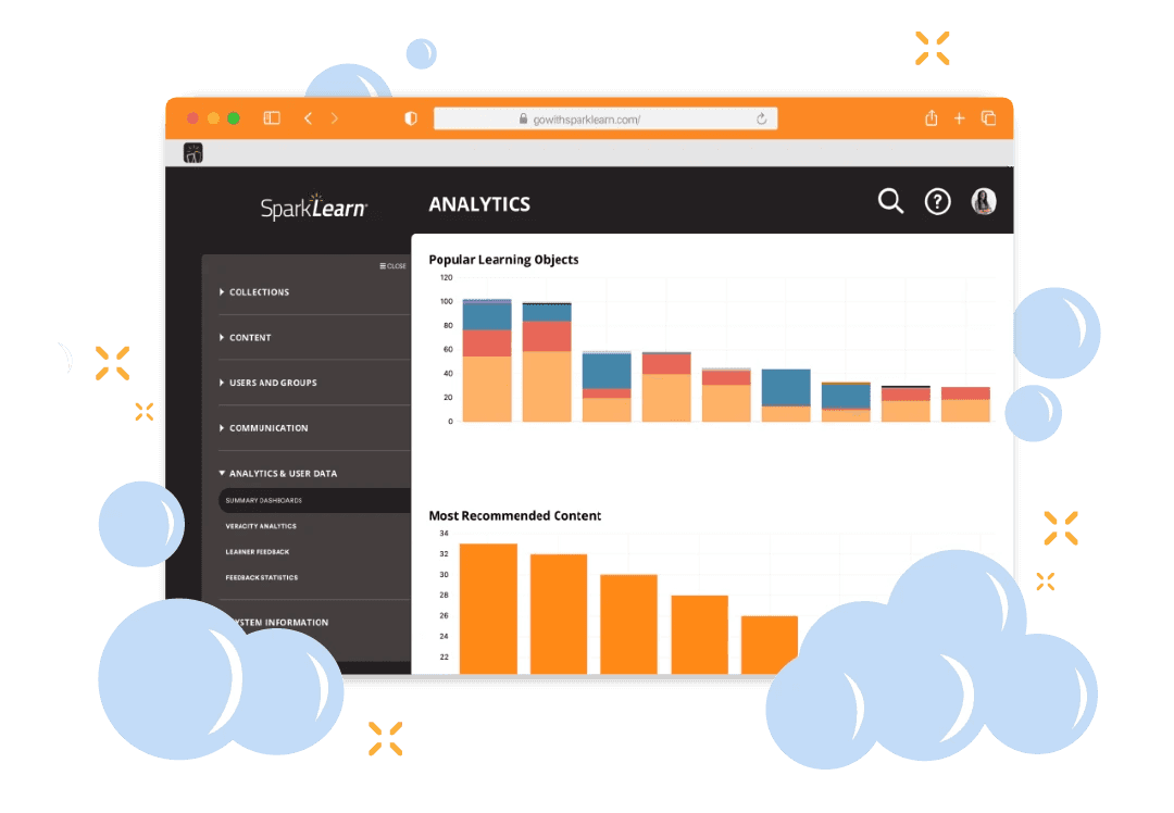 A screenshot of the Analytics page in SparkLearn's admin interface. Light blue bubbles are layered around the window to represent clean data.