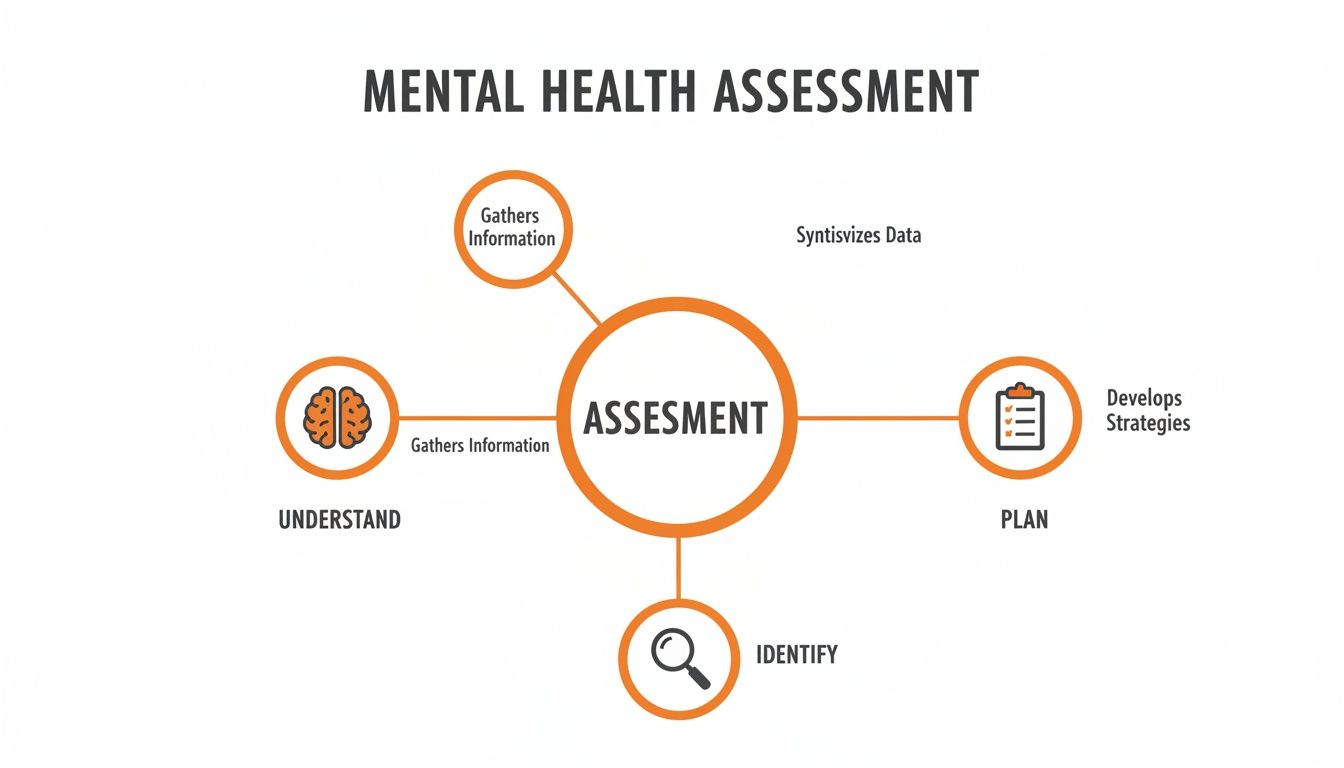 A mental health assessment process diagram illustrating steps for gathering information, understanding, identifying issues, and planning strategies.
