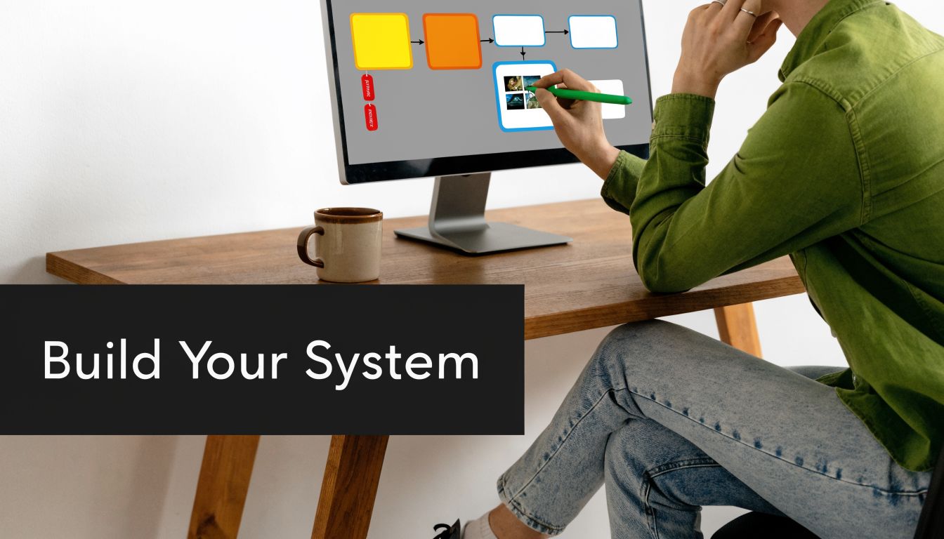 A person sitting at a desk and using a digital pen to design a video workflow diagram.