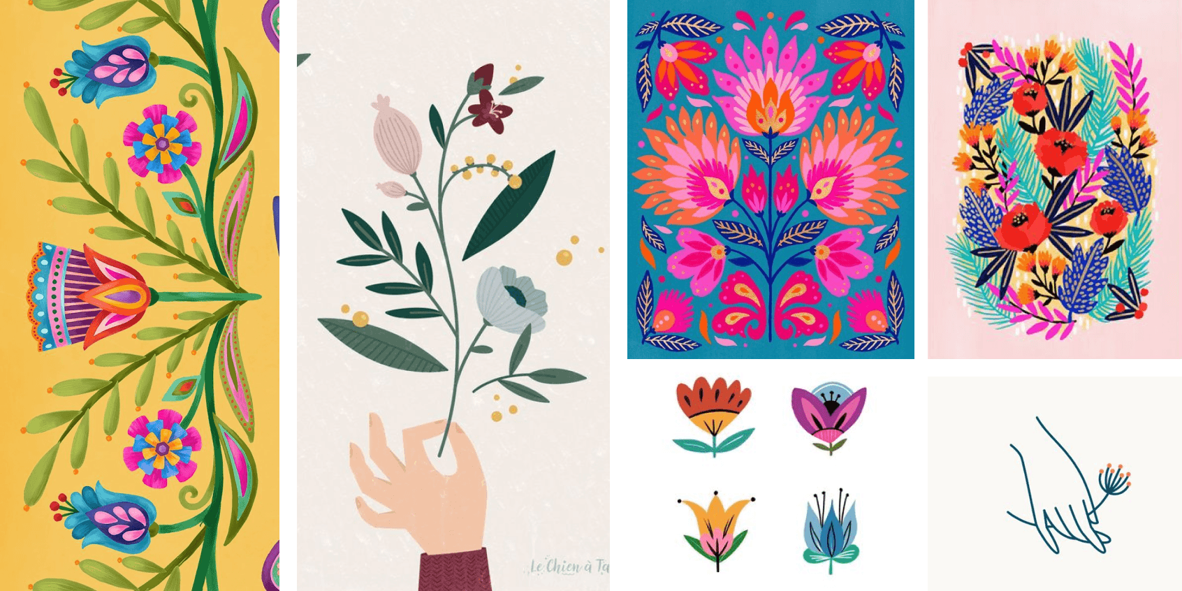 Colorful moodboard of Folk Flowers illustrations