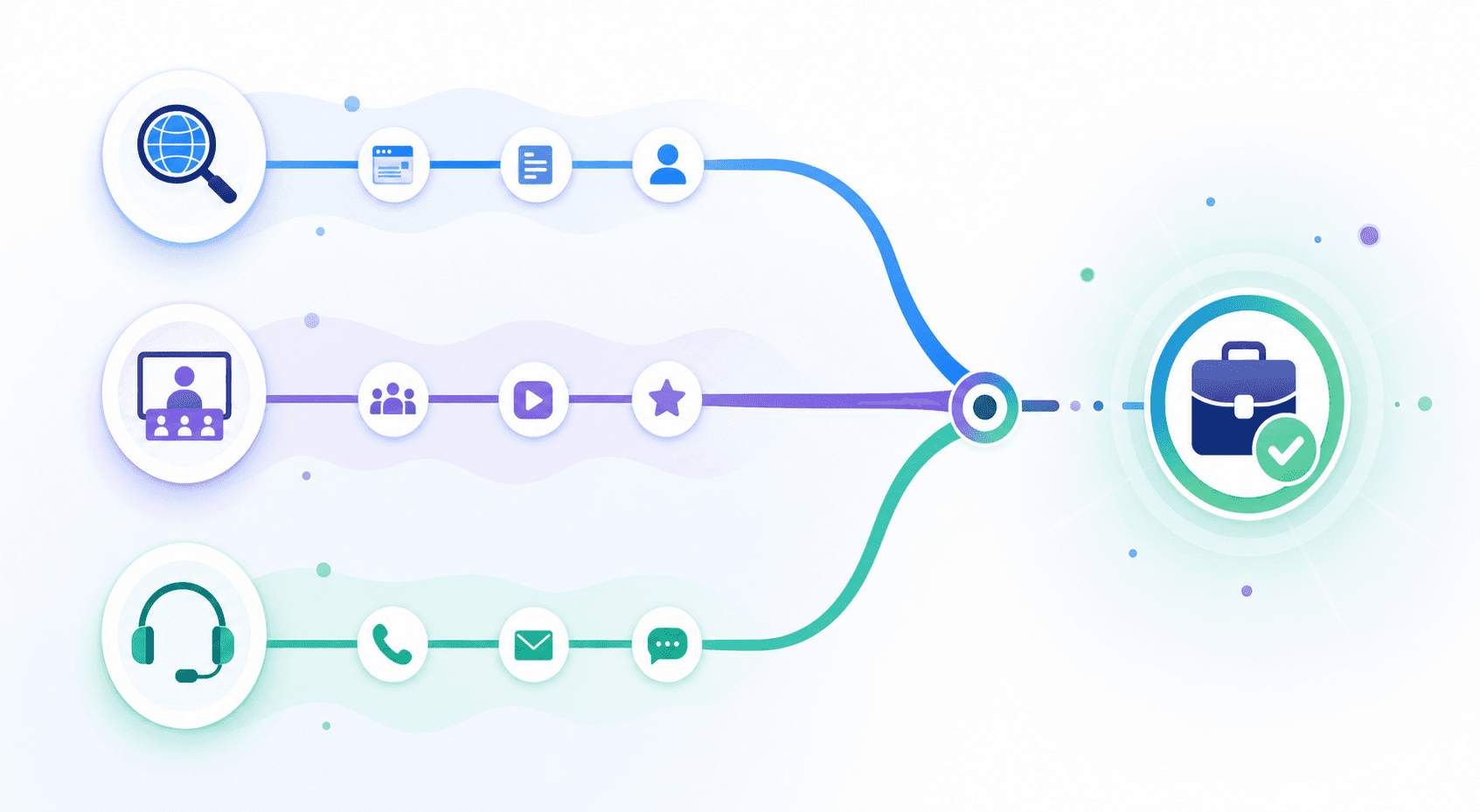 Abstract diagram showing a customer journey with multiple touchpoints leading to a conversion. Visualize organic search as a starting point, followed by webinar attendance, and outbound sales contact, all flowing toward a central deal or opportunity icon. Use connecting lines or paths to show how these different channels converge. Modern, clean business illustration style with blues, purples, and greens. No text or letters.